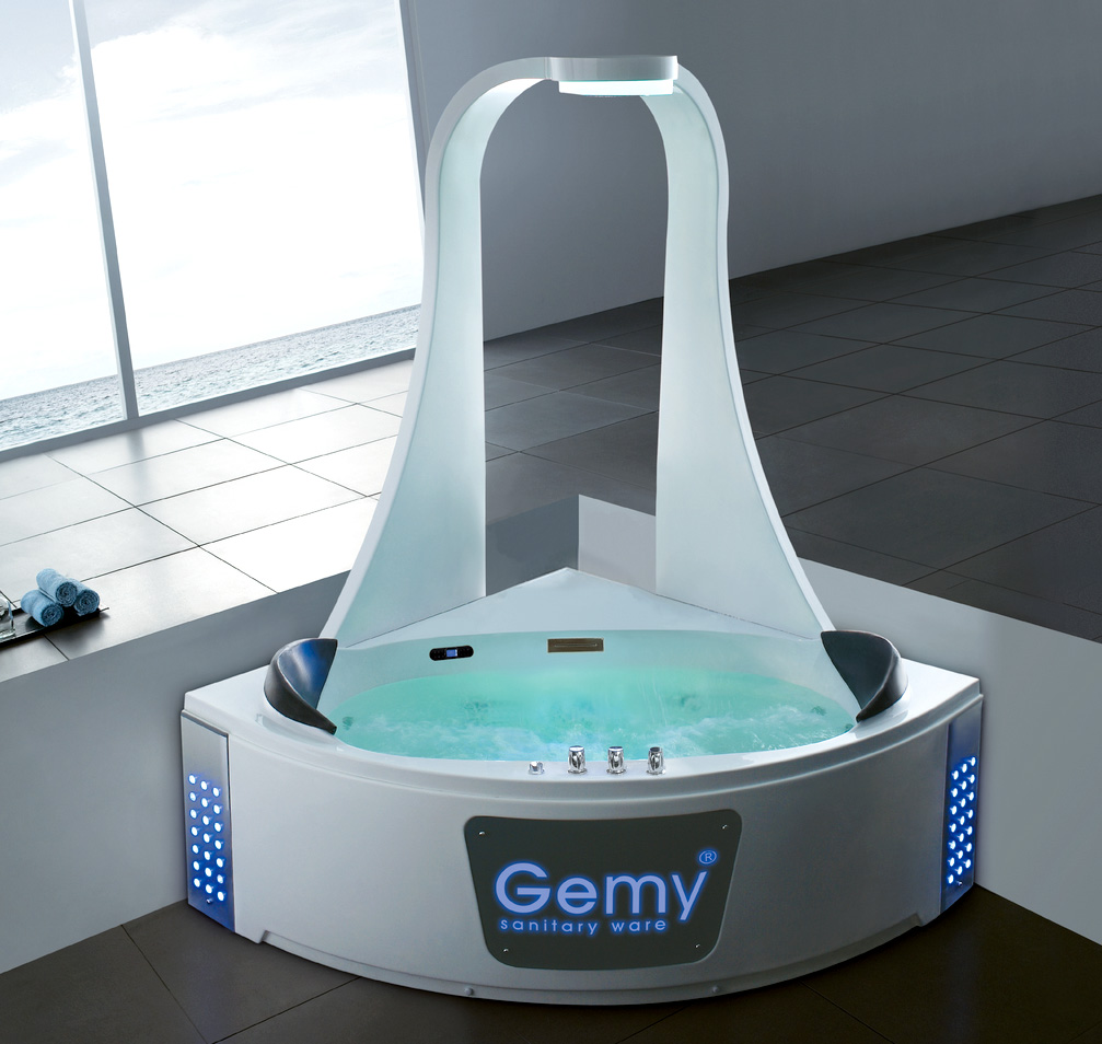 Ванна гидромассажная пристенная угловая Gemy G9069 K 151х151х220 (белый), слив-перелив