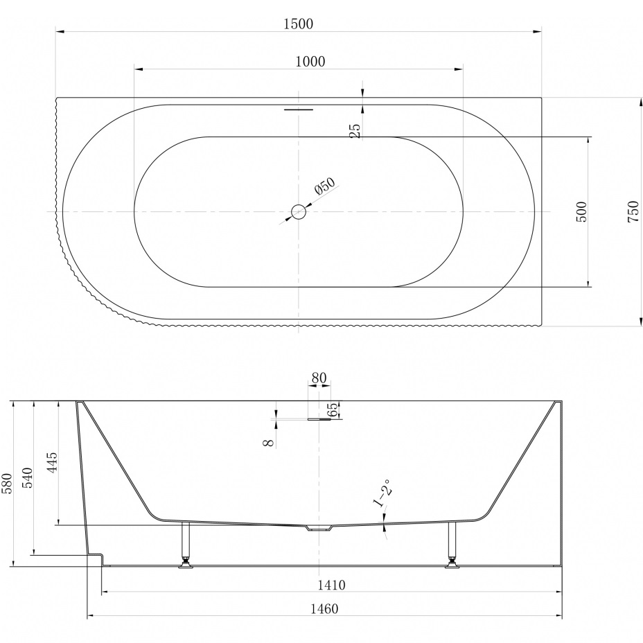 Ванна акриловая угловая, пристенная ABBER AB9329-1.5 R 150x75x58 (белый), правая, слив-перелив