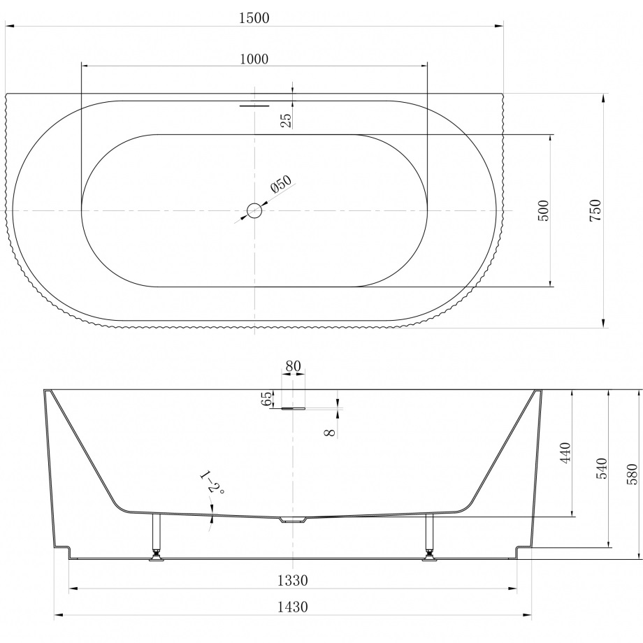 Ванна акриловая пристенная ABBER AB9330-1.5 150x75x58 (белый), слив-перелив