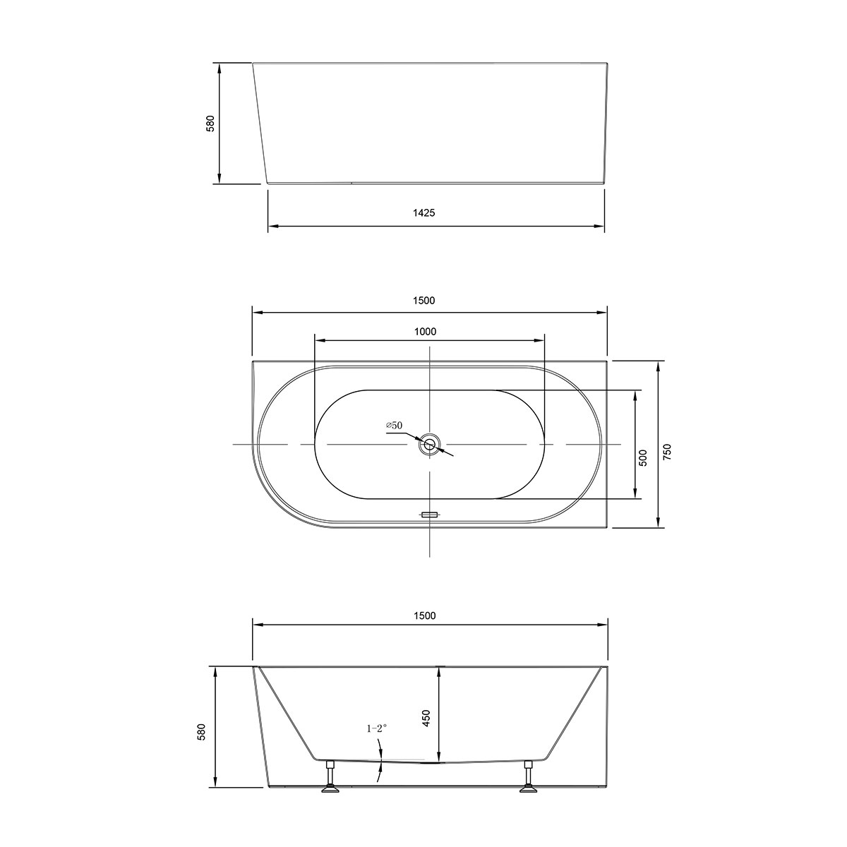 Ванна акриловая угловая Vincea VBT-402-1500R 150x75 (белый ), слив-перелив в комплекте, правая  