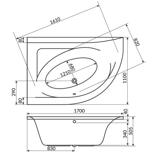 Ванна акриловая угловая Whitecross Aquarella 0108.170110.100.LINE.WH 170x110 см., (белый глянцевый), слив-перелив, левосторонняя
