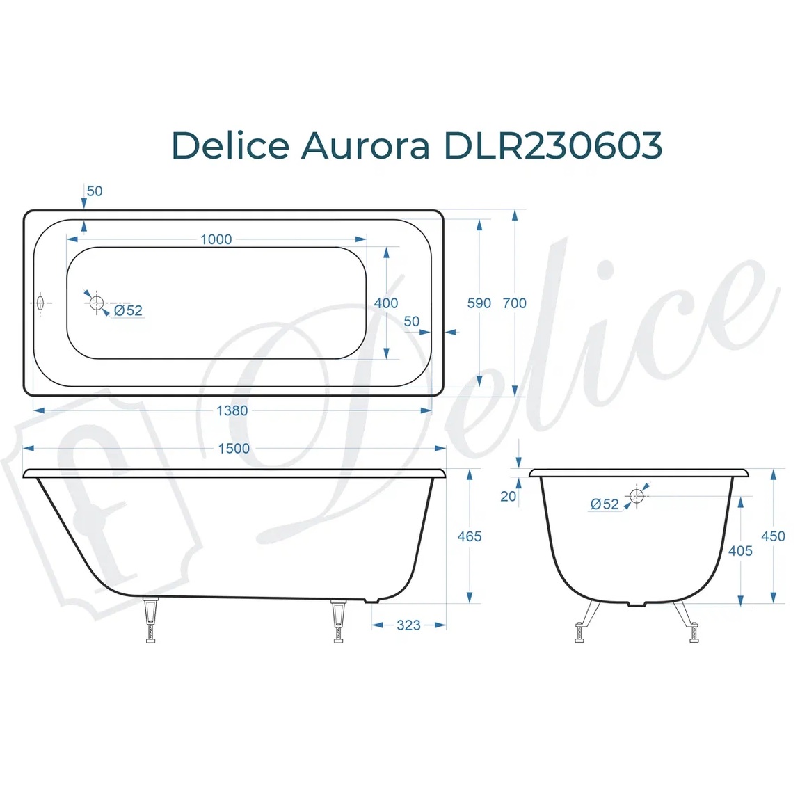 Ванна чугунная Delice Aurora DLR230603 150х70 (белый), встраиваемая