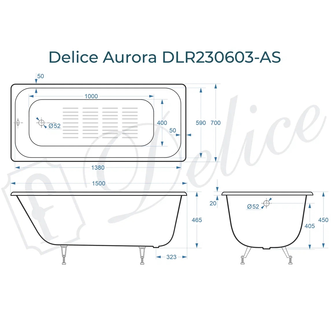 Ванна чугунная Delice Aurora DLR230603-AS 150х70 (белый), встраиваемая с антискользящим покрытием