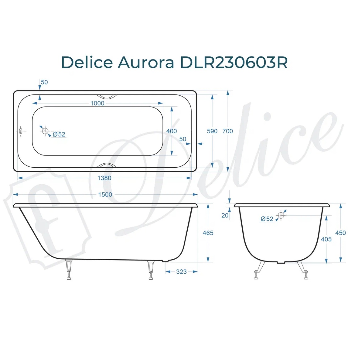 Ванна чугунная Delice Aurora DLR230603R 150х70 (белый), встраиваемая с отверстием под ручки