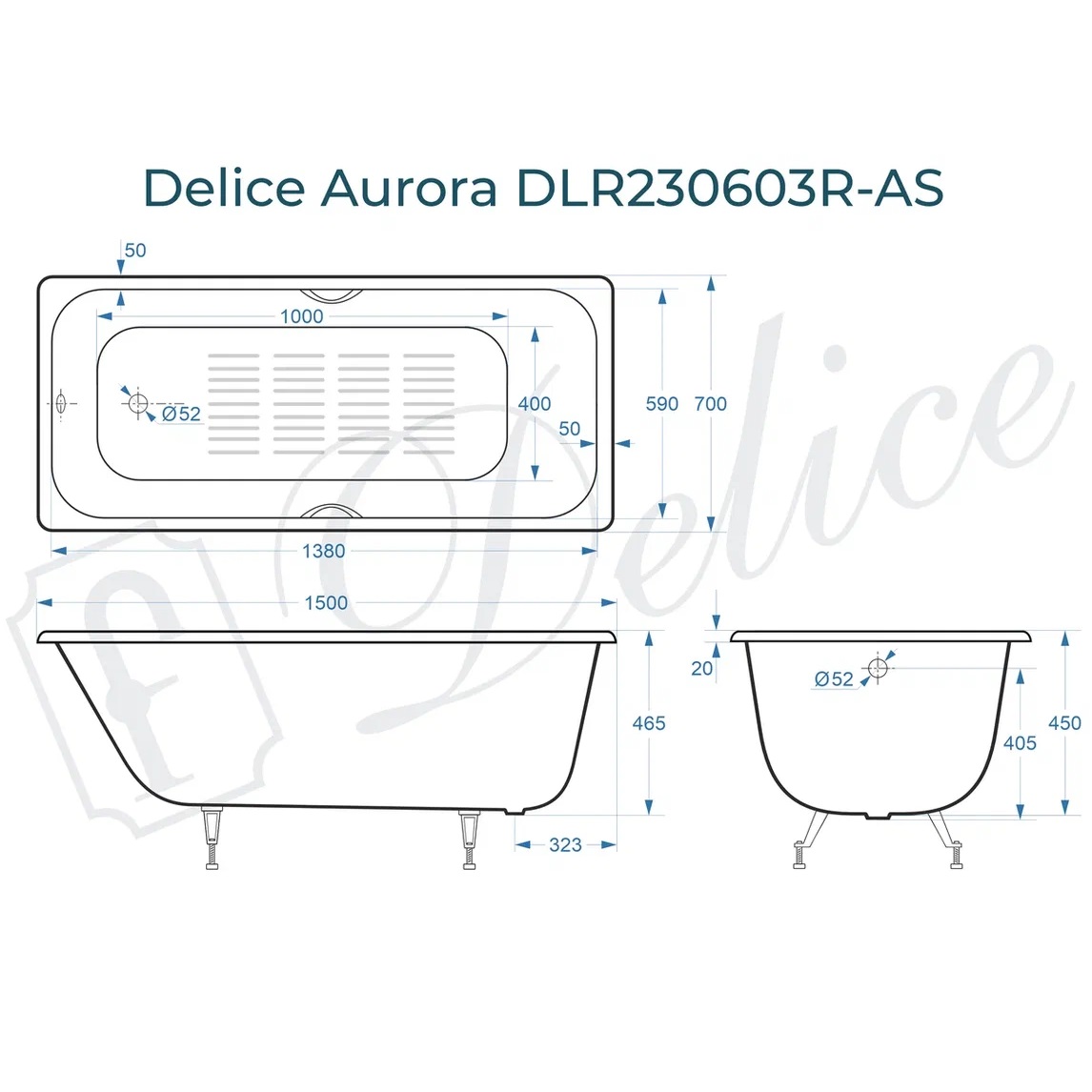 Ванна чугунная Delice Aurora DLR230603R-AS 150х70 (белый), встраиваемая с антискользящим покрытием и отверстиями под ручки