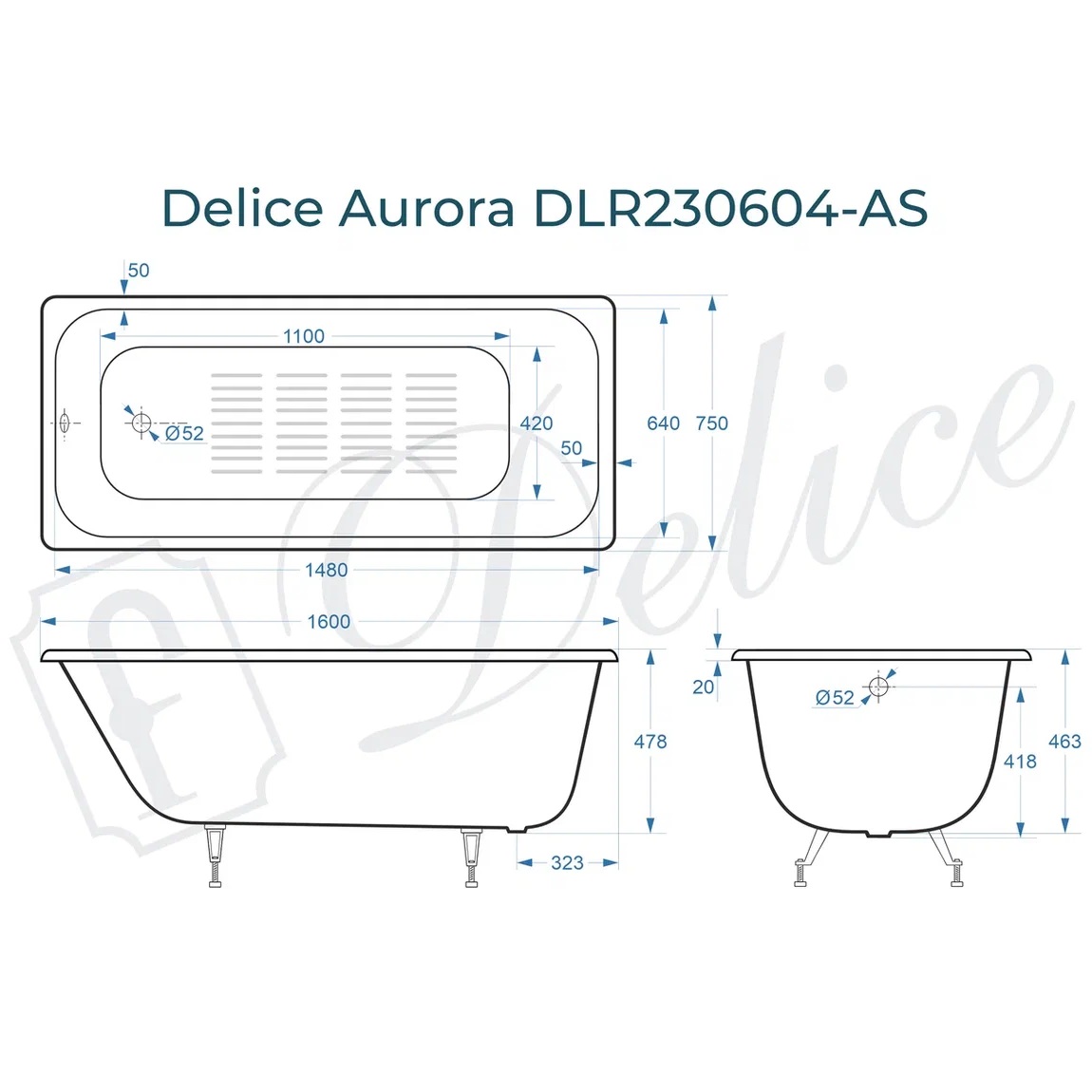 Ванна чугунная Delice Aurora DLR230604-AS 160х75 (белый), встраиваемая с антискользящим покрытием