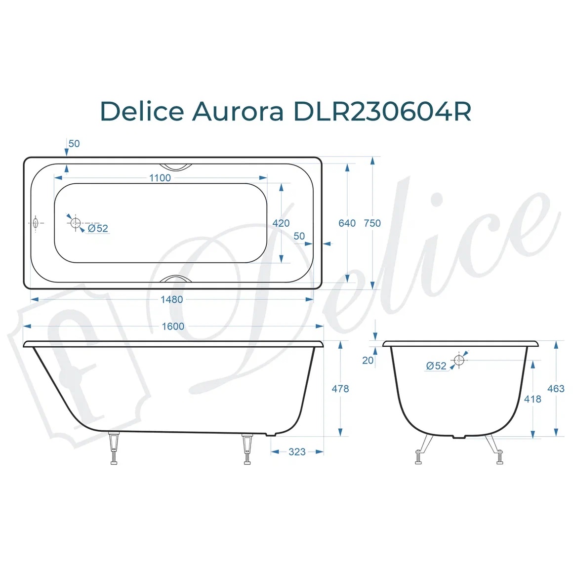 Ванна чугунная Delice Aurora DLR230604R 160х75 (белый), встраиваемая с отверстиями под ручки