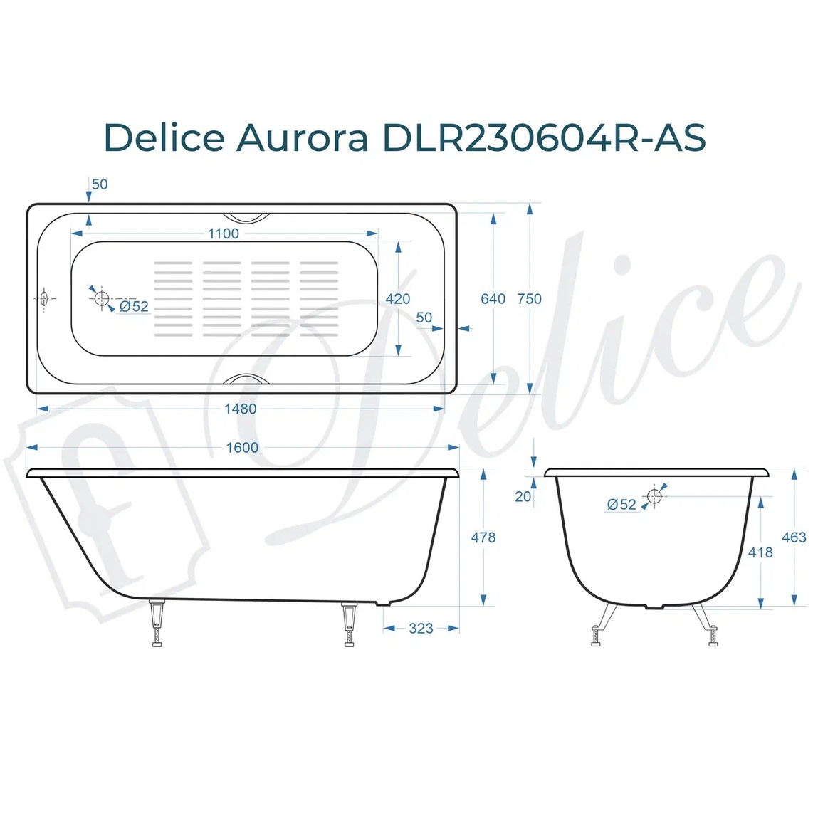 Ванна чугунная Delice Aurora DLR230604R-AS 160х75 (белый), встраиваемая с антискользящим покрытием и отверстиями под ручки