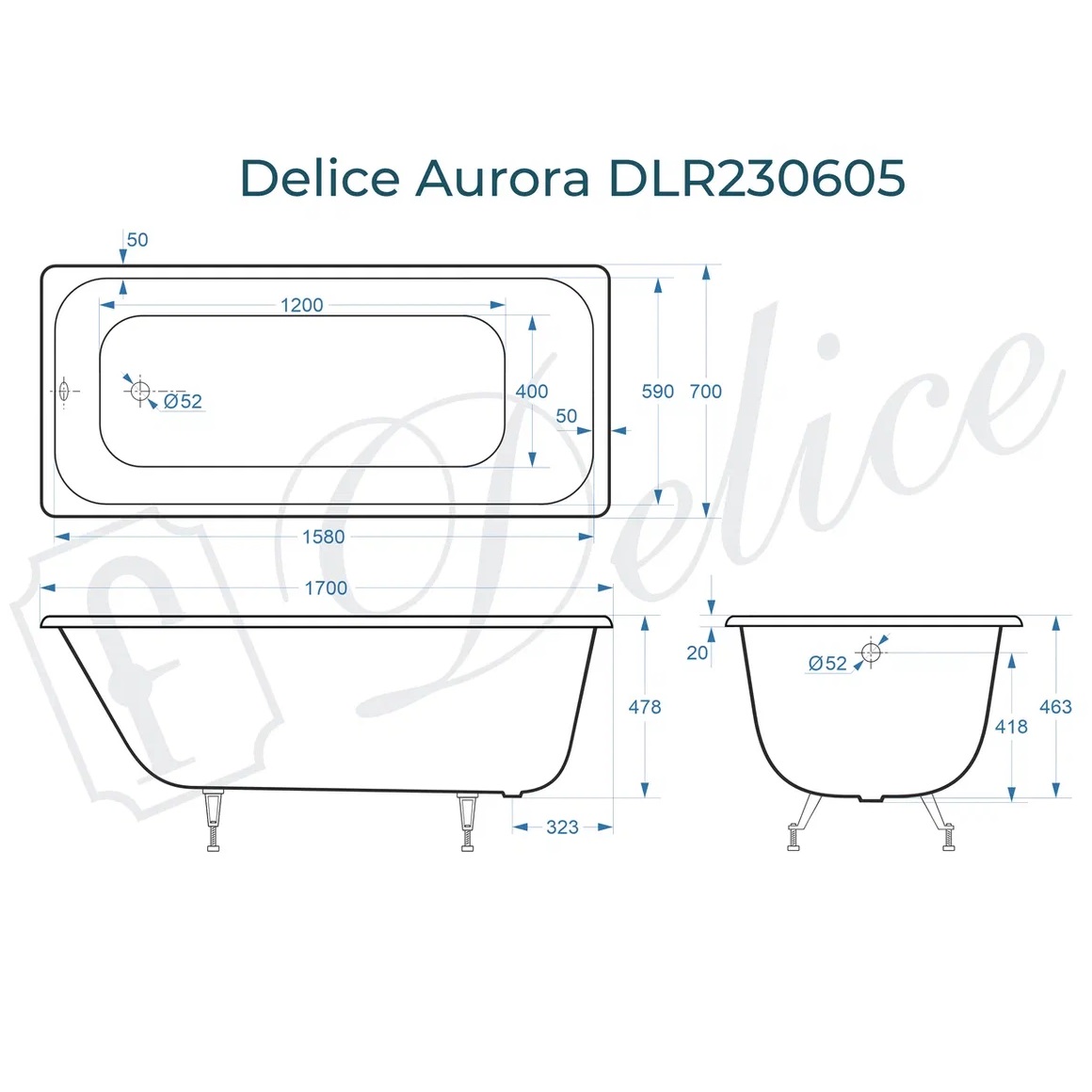 Ванна чугунная Delice Aurora DLR230605 170х70 (белый), встраиваемая