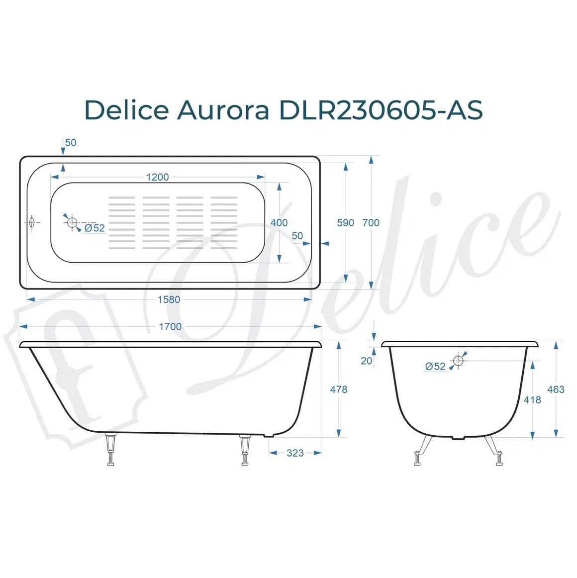 Ванна чугунная Delice Aurora DLR230605-AS 170х70 (белый), встраиваемая с антискользящим покрытием