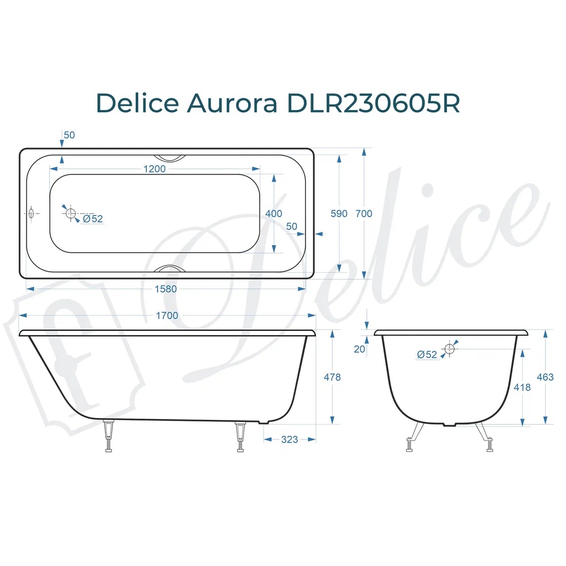 Ванна чугунная Delice Aurora DLR230605R 170х70 (белый), встраиваемая с отверстиями под ручки