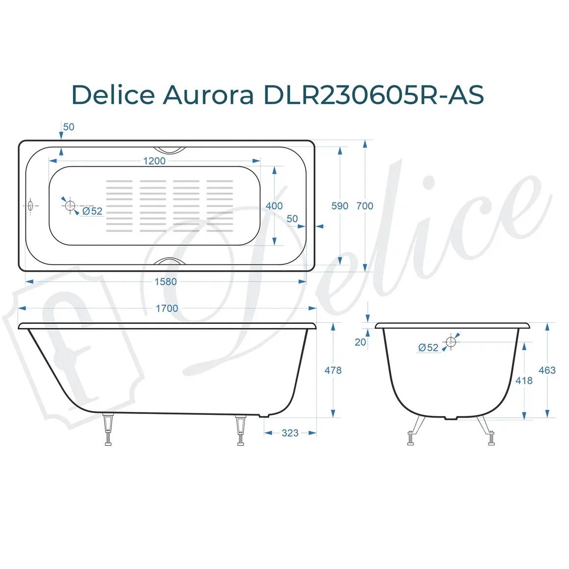 Ванна чугунная Delice Aurora DLR230605R-AS 170х70 (белый), встраиваемая с антискользящим покрытием и отверстиями под ручки