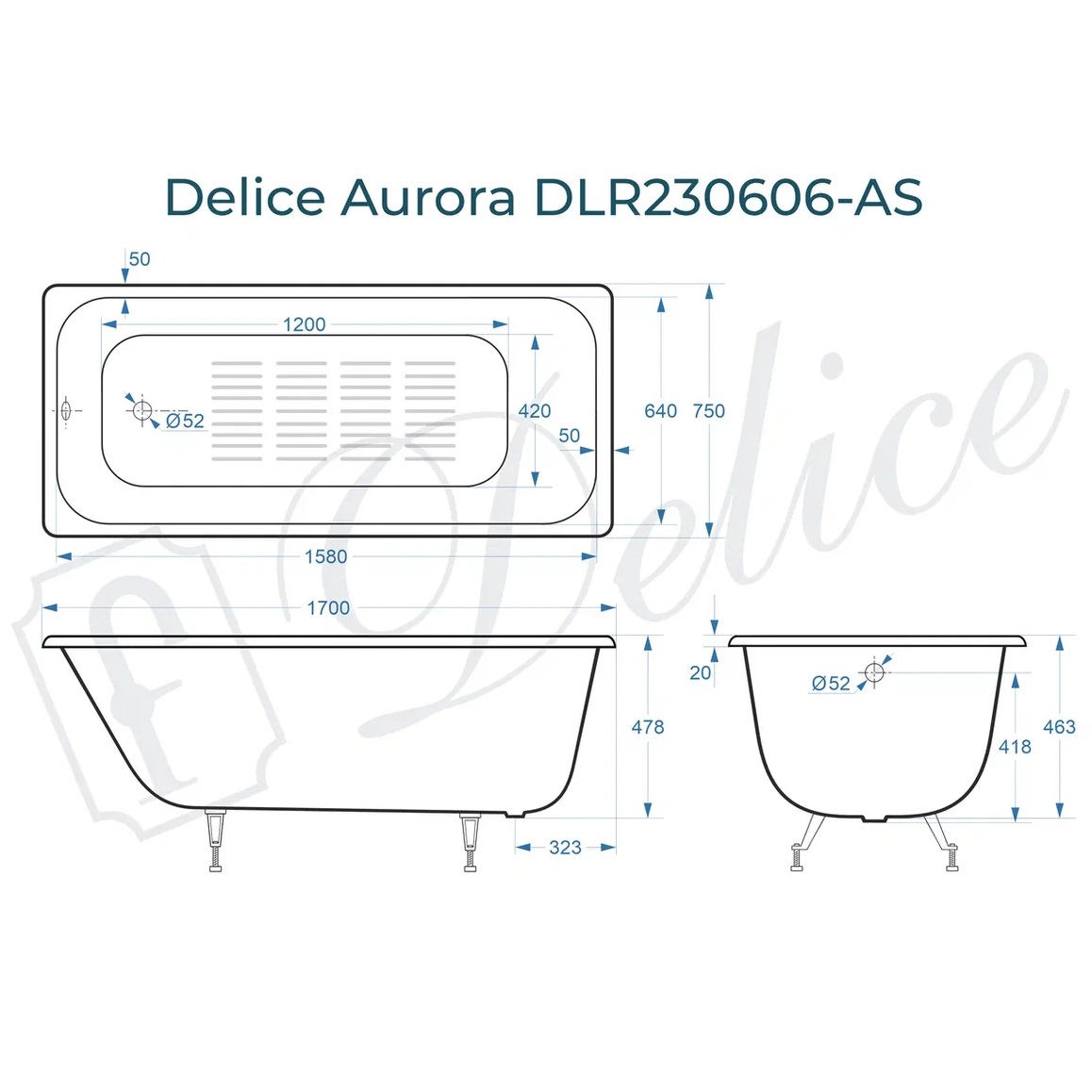 Ванна чугунная Delice Aurora DLR230606-AS 170х75 (белый), встраиваемая с антискользящим покрытием