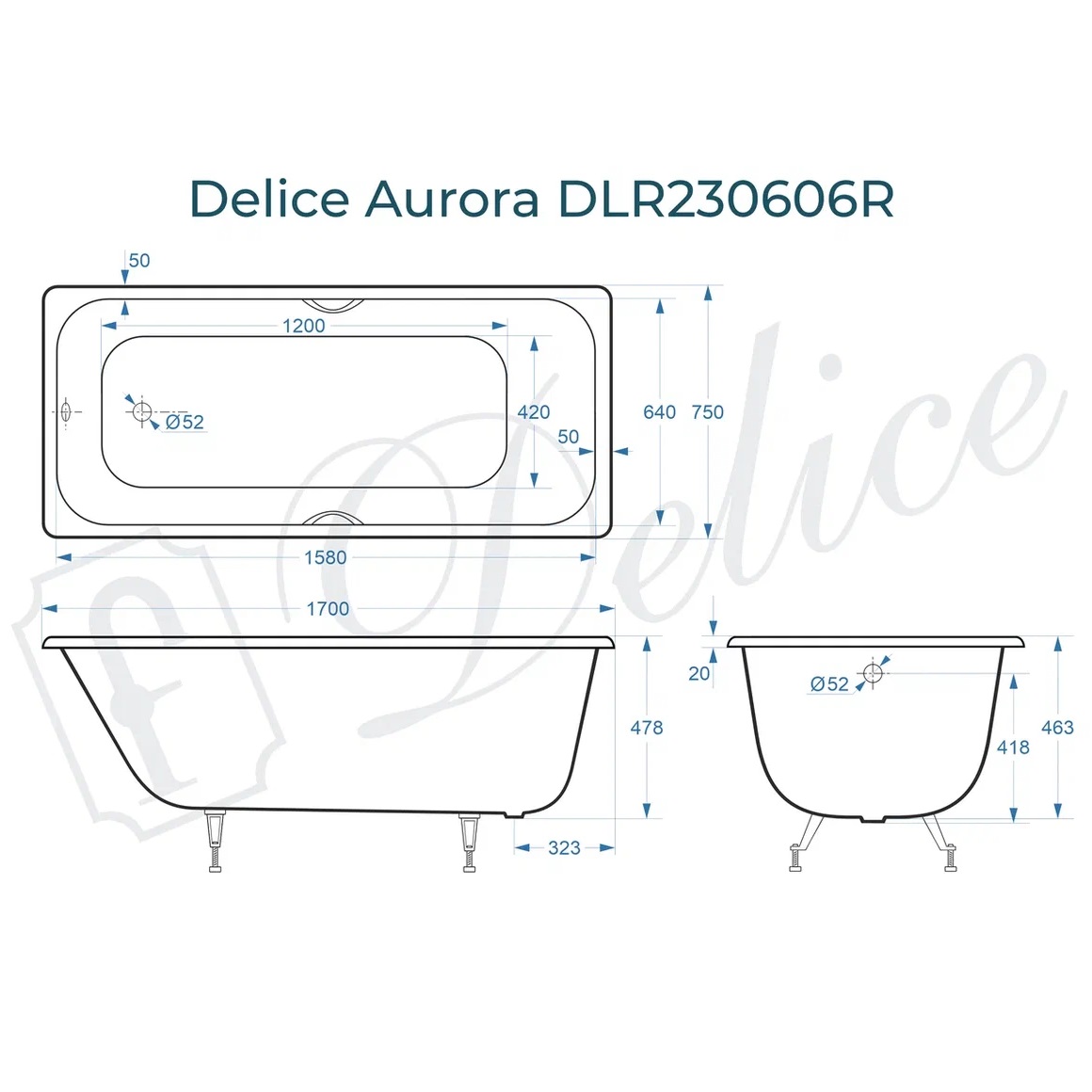 Ванна чугунная Delice Aurora DLR230606R 170х75 (белый), встраиваемая с отверстиями под ручки