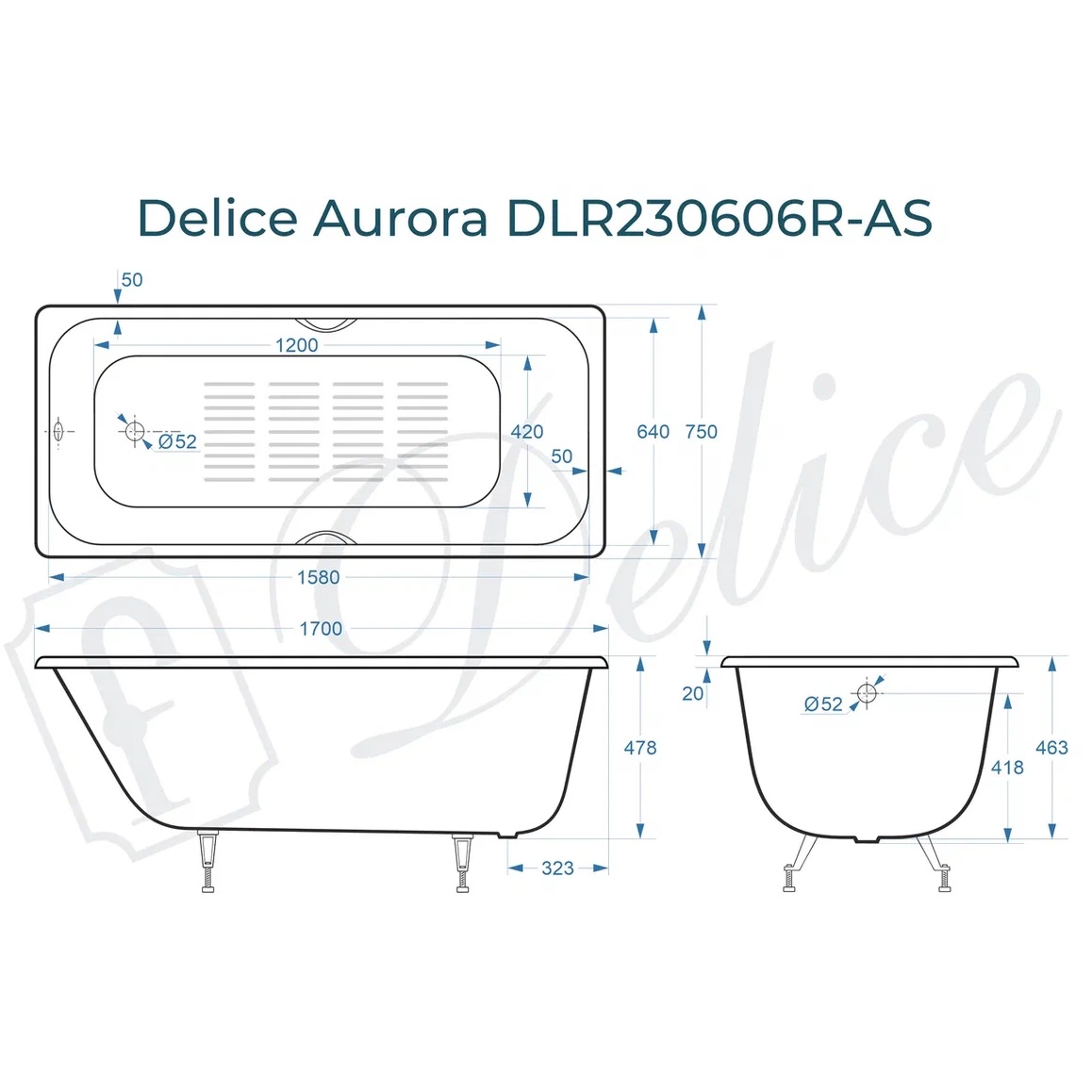 Ванна чугунная Delice Aurora DLR230606R-AS 170х75 (белый), встраиваемая с антискользящим покрытием и отверстиями под ручки