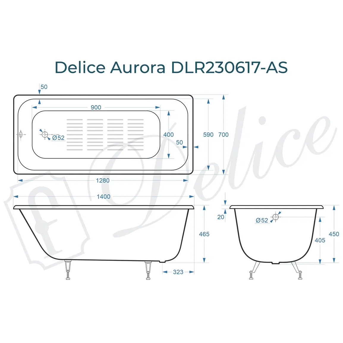 Ванна чугунная Delice Aurora DLR230617-AS 140х70 (белый), встраиваемая с антискользящим покрытием