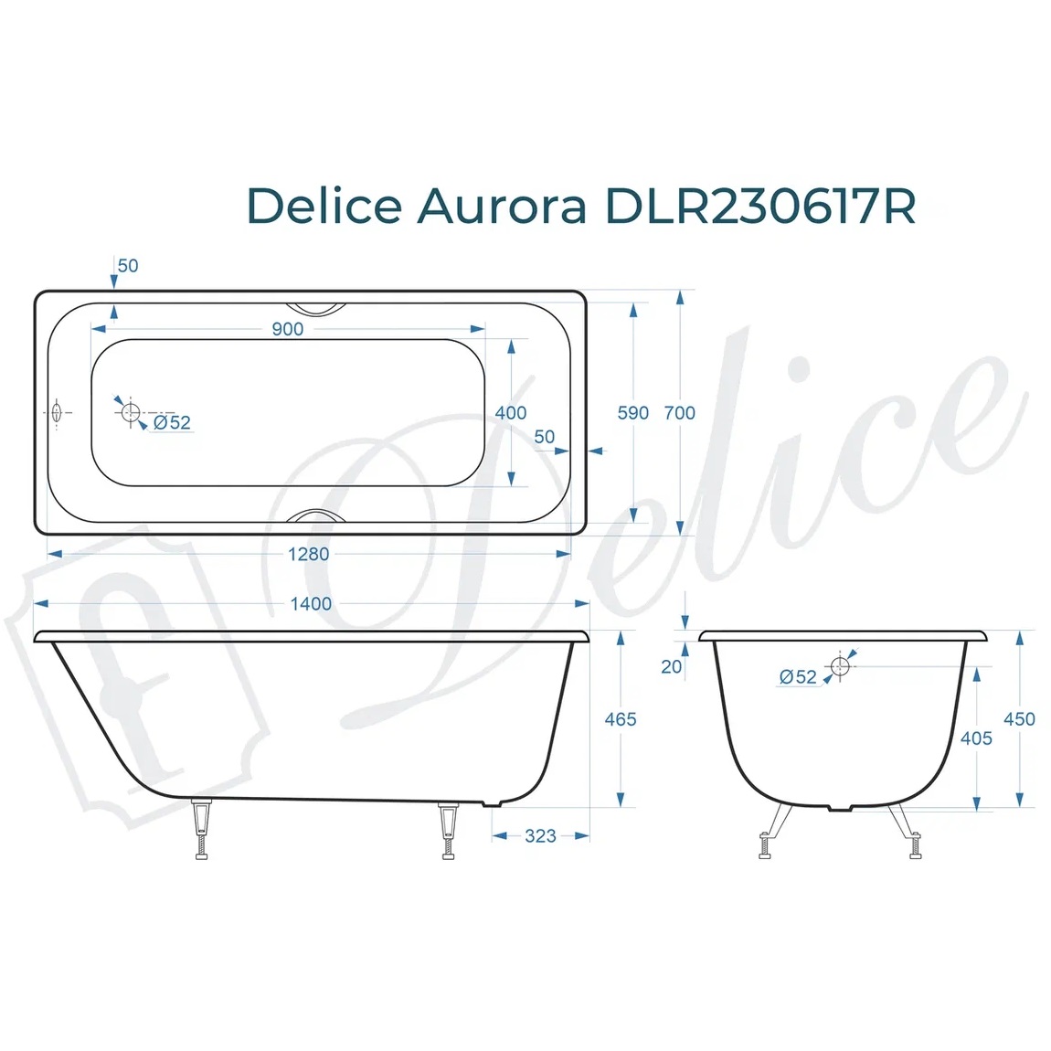 Ванна чугунная Delice Aurora DLR230617R 140х70 (белый), встраиваемая с отверстиями под ручки