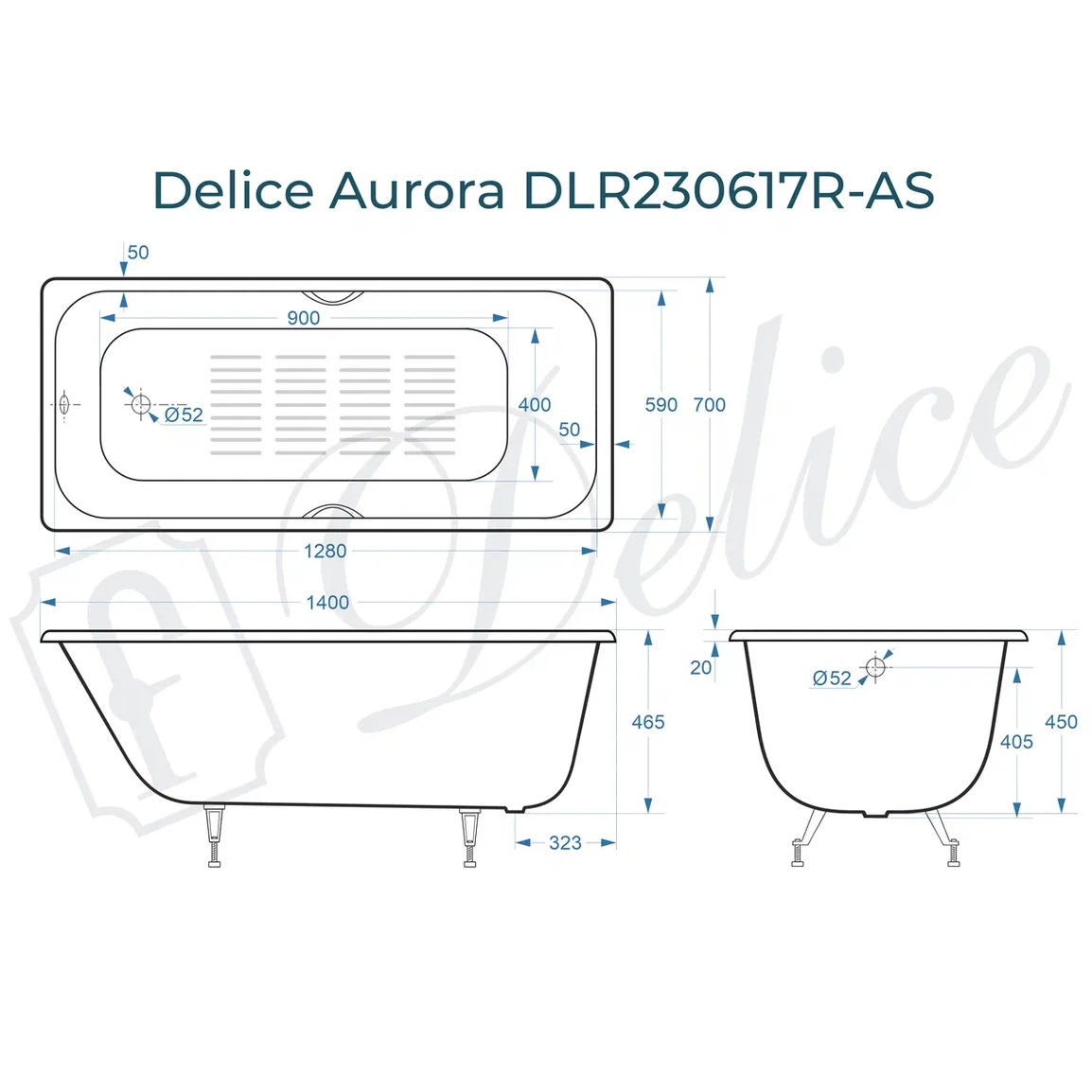 Ванна чугунная Delice Aurora DLR230617R-AS 140х70 (белый), встраиваемая с антискользящим покрытием и отверстиями под ручки