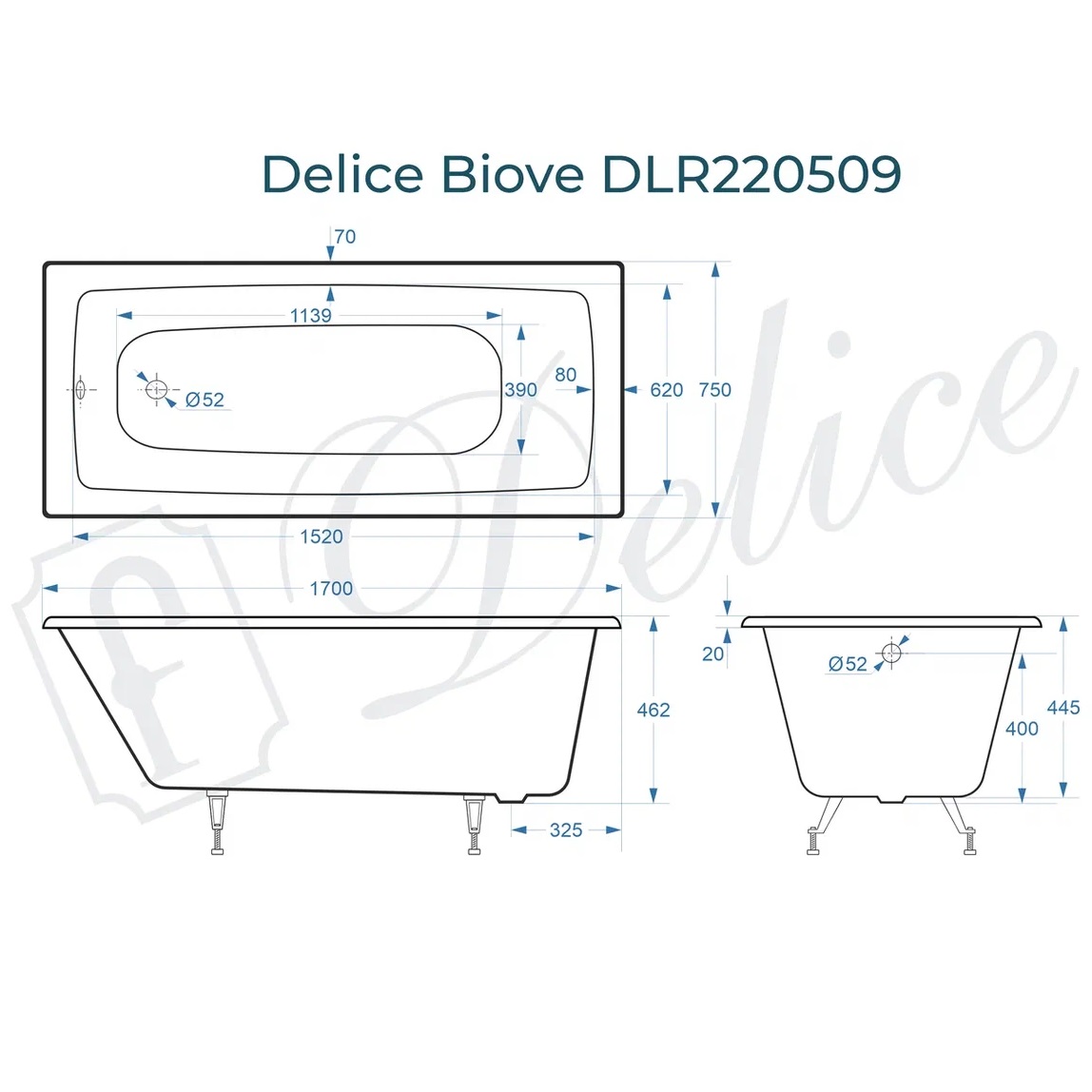 Ванна чугунная Delice Biove DLR220509 170х75 (белый), встраиваемая