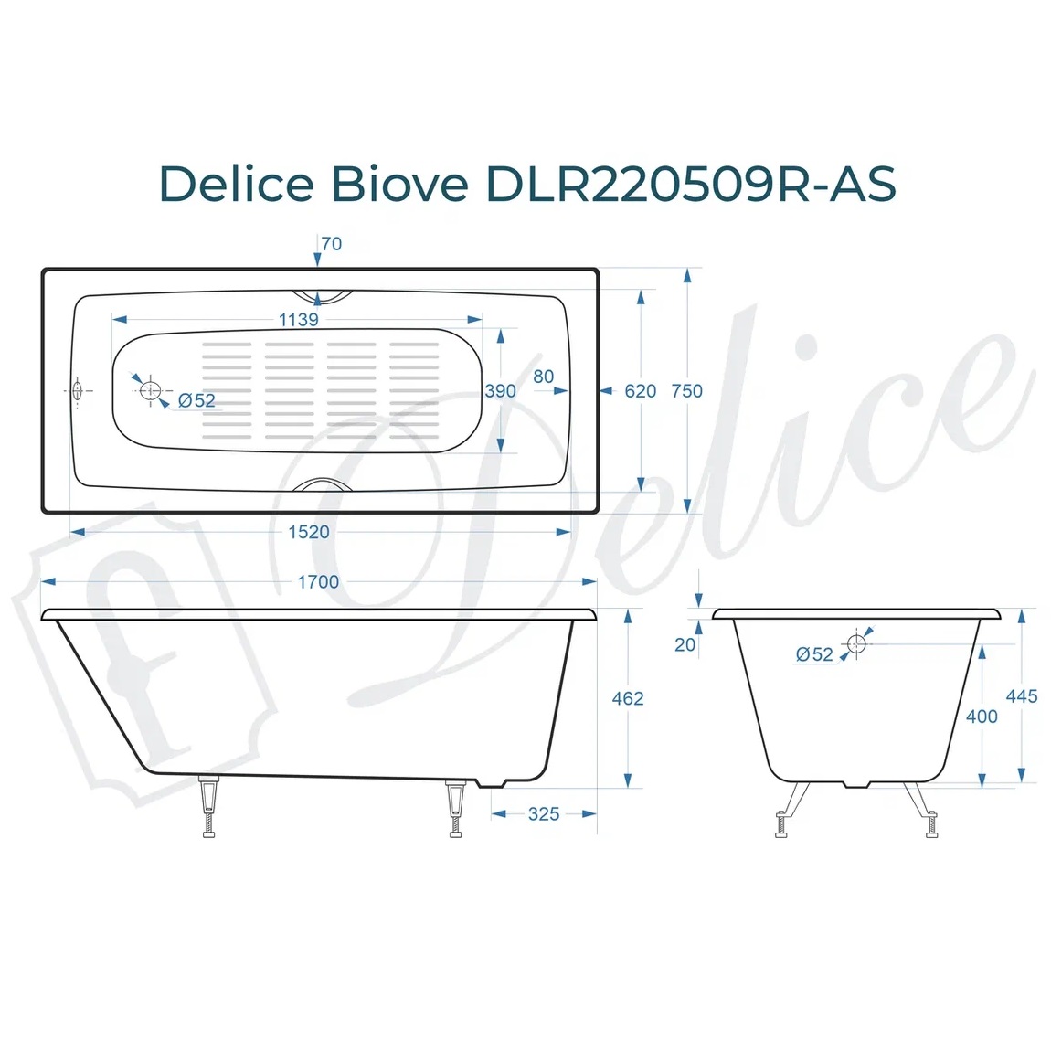 Ванна чугунная Delice Biove DLR220509-AS 170х75 (белый), встраиваемая с антискользящим покрытием