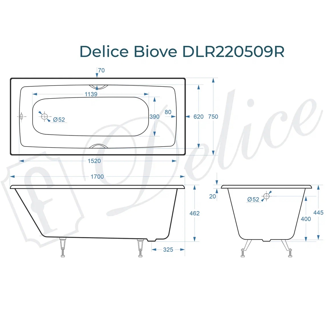 Ванна чугунная Delice Biove DLR220509R 170х75 (белый), встраиваемая, с ручками