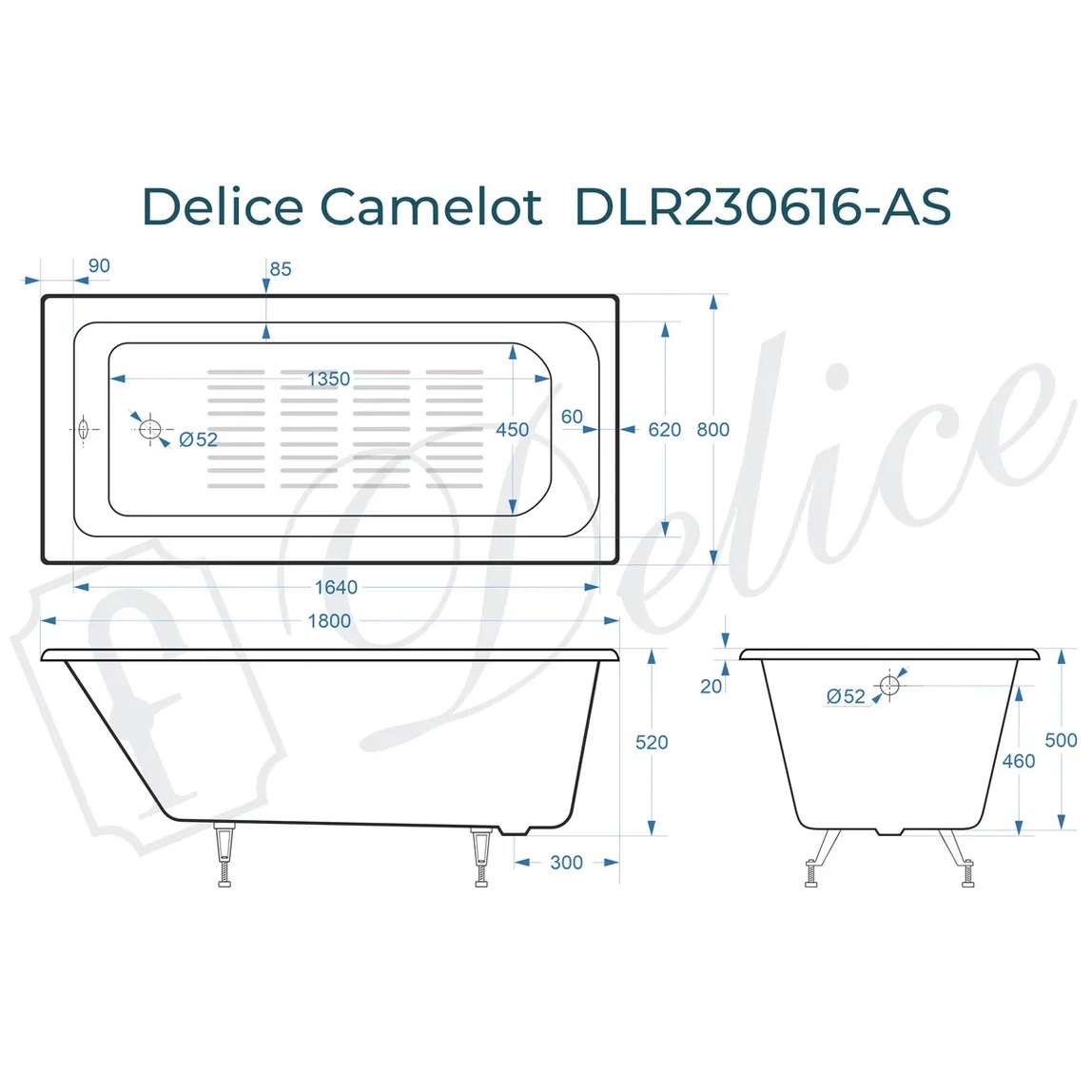 Ванна чугунная Delice Camelot DLR230616-AS 180х80 (белый), встраиваемая с антискользящим покрытием