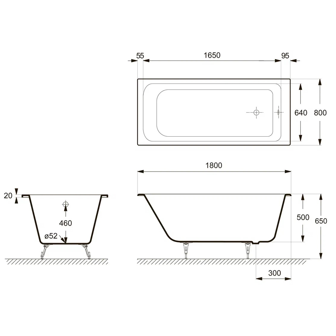 Ванна чугунная Delice Camelot DLR230616-AS 180х80 (белый), встраиваемая с антискользящим покрытием
