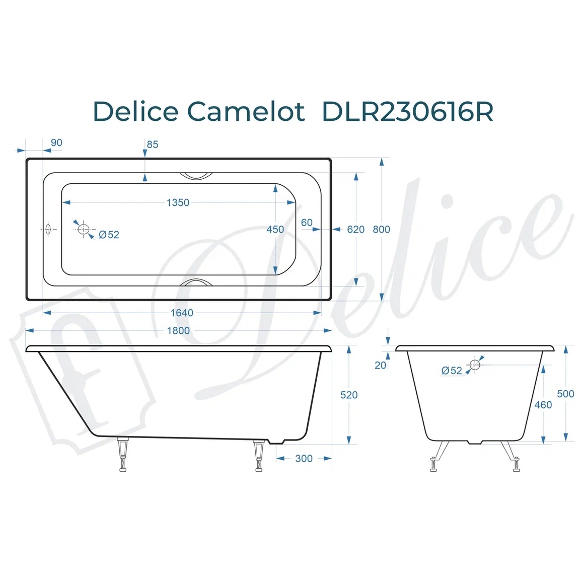 Ванна чугунная Delice Camelot DLR230616R 180х80 (белый), встраиваемая с отверстиями под ручки