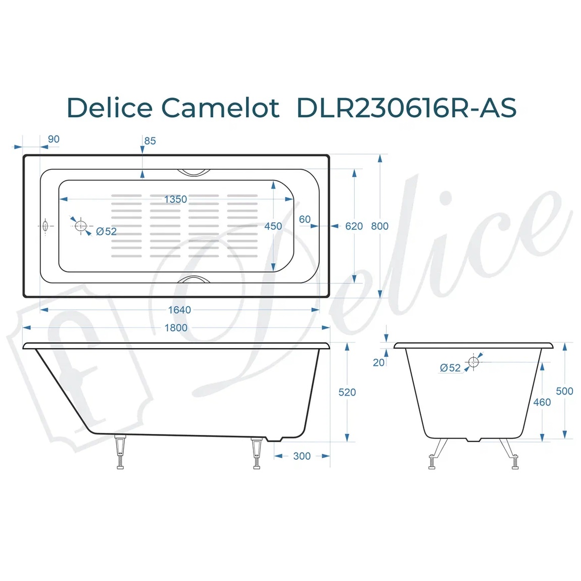 Ванна чугунная Delice Camelot DLR230616R-AS 180х80 (белый), встраиваемая с антискользящим покрытием и отверстиями под ручки