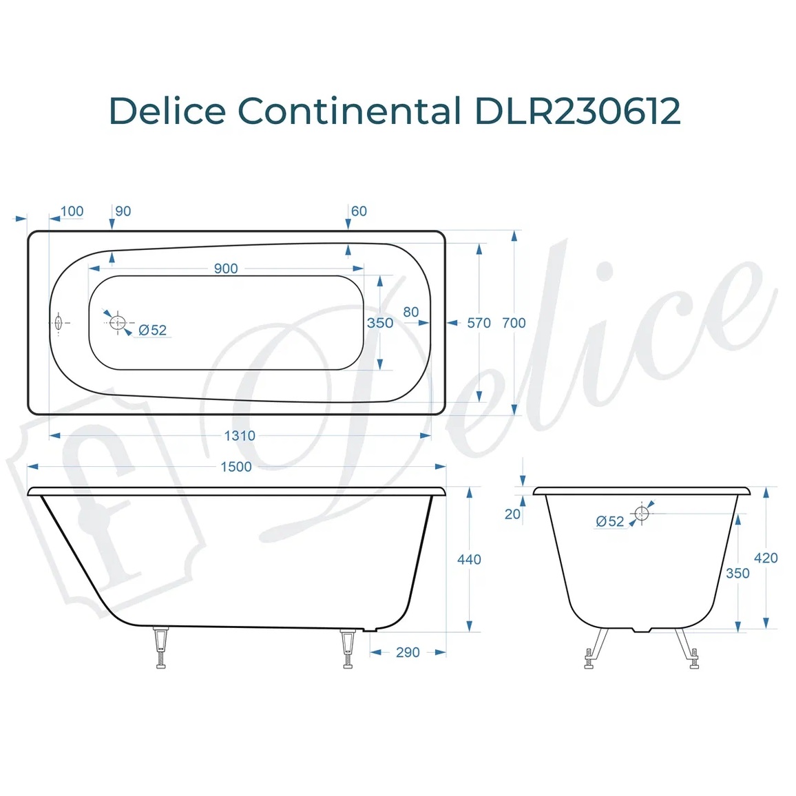 Ванна чугунная Delice Continental DLR230612 150х70 (белый), встраиваемая