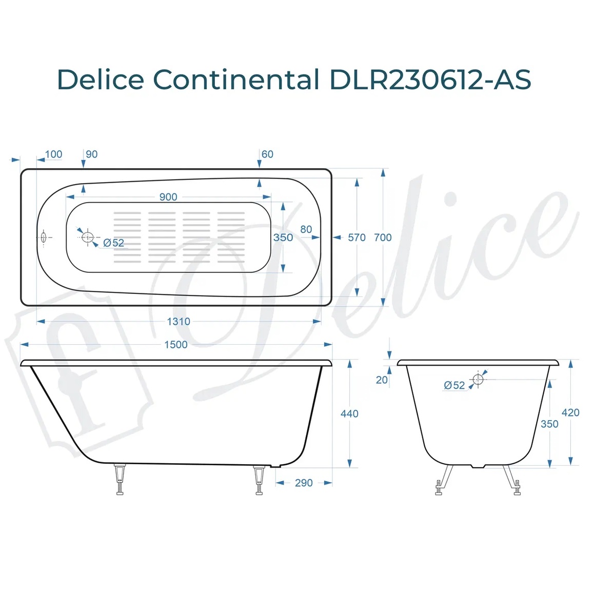 Ванна чугунная Delice Continental DLR230612-AS 150х70 (белый), встраиваемая с антискользящим покрытием