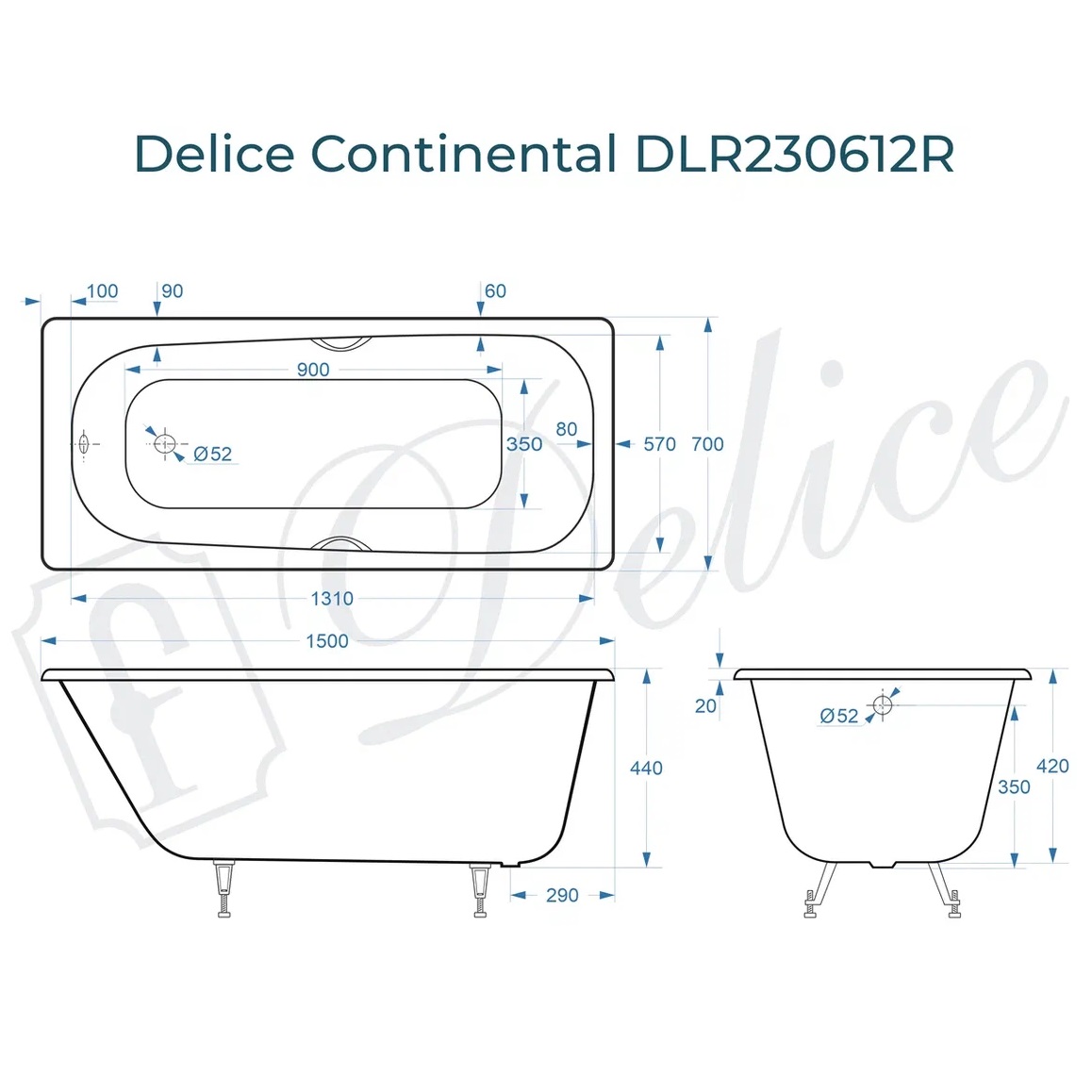 Ванна чугунная Delice Continental DLR230612R 150х70 (белый), встраиваемая с отверстиями под ручки