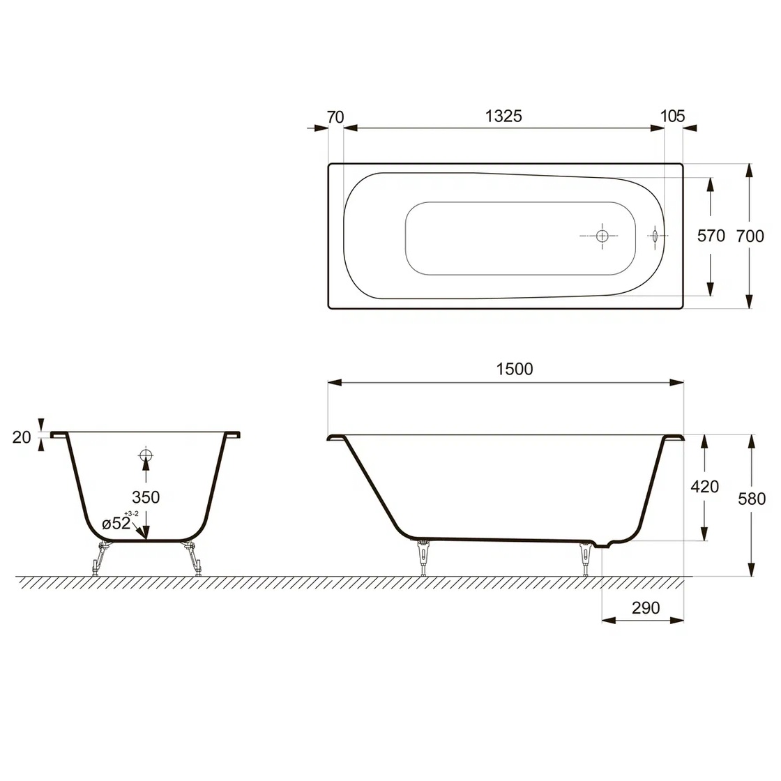 Ванна чугунная Delice Continental DLR230612R-AS 150х70 (белый), встраиваемая с антискользящим покрытием и отверстиями под ручки