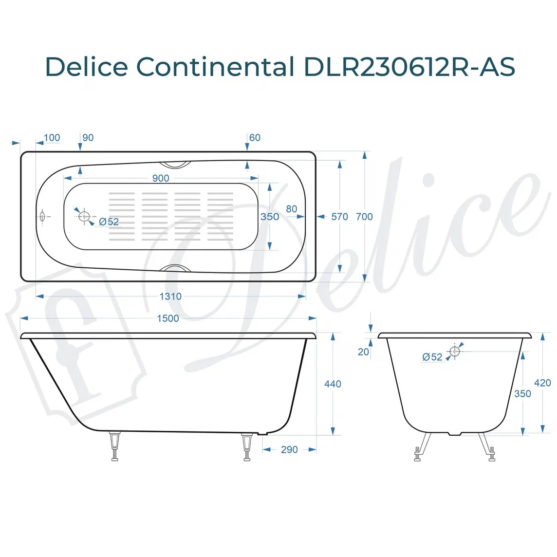 Ванна чугунная Delice Continental DLR230612R-AS 150х70 (белый), встраиваемая с антискользящим покрытием и отверстиями под ручки