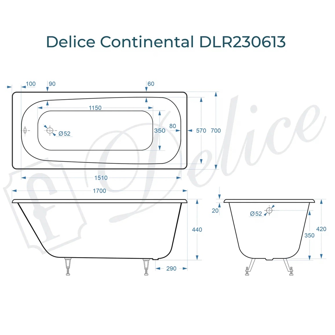 Ванна чугунная Delice Continental DLR230613 170х70 (белый), встраиваемая