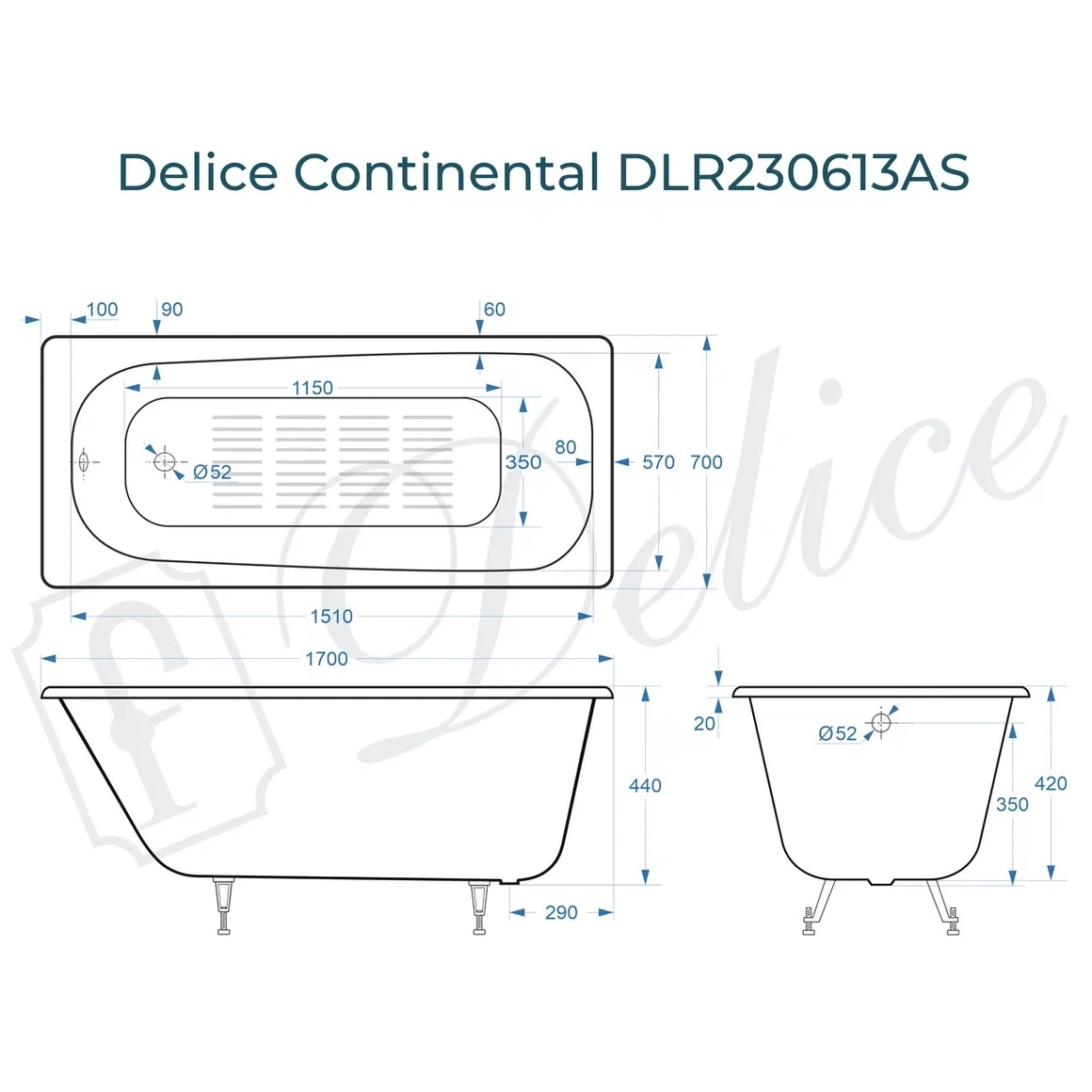 Ванна чугунная Delice Continental DLR230613-AS 170х70 (белый), встраиваемая с антискользящим покрытием