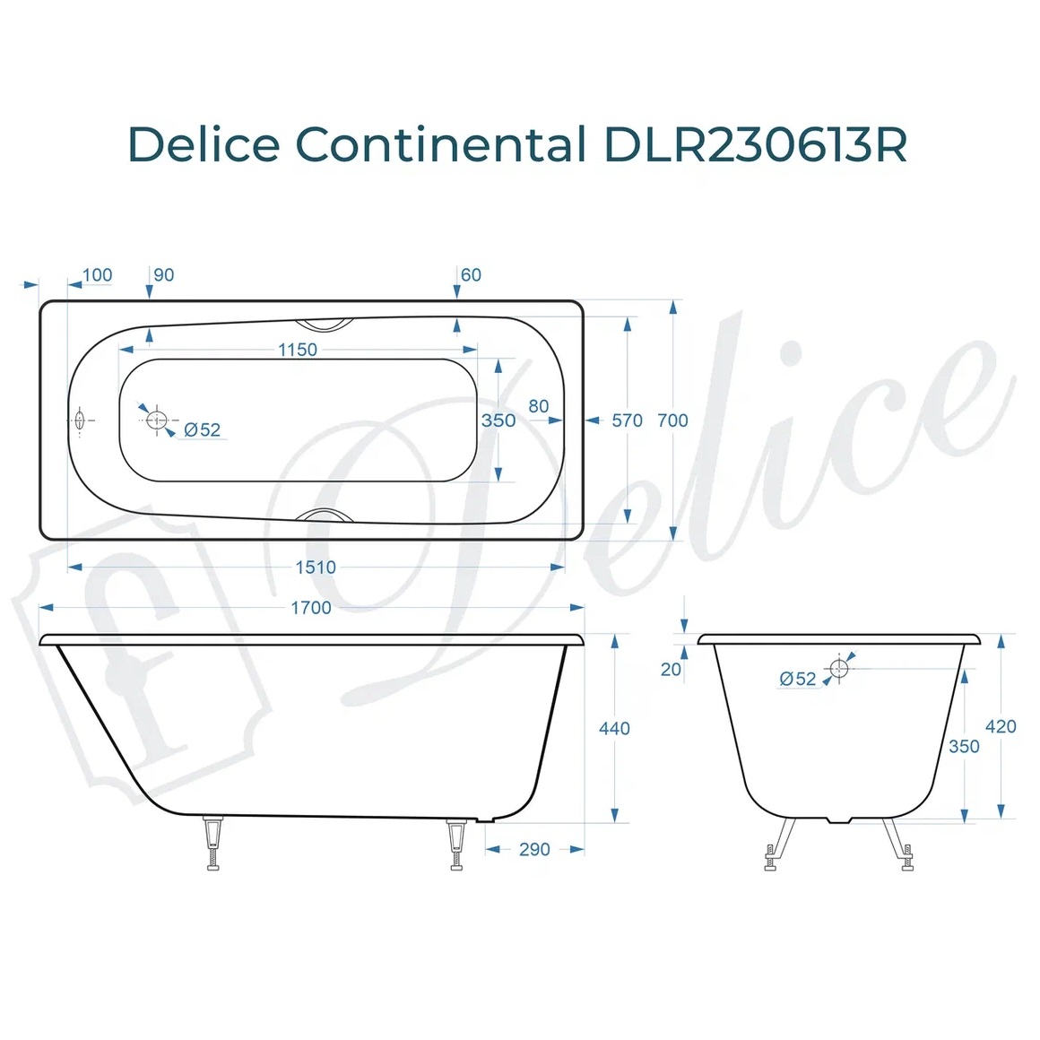 Ванна чугунная Delice Continental DLR230613R 170х70 (белый), встраиваемая с отверстиями под ручки