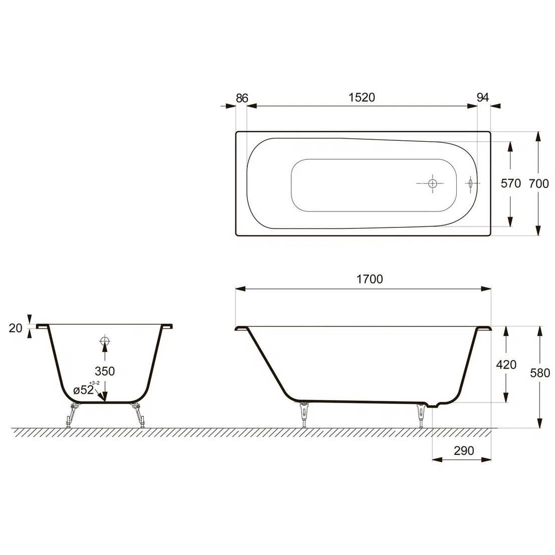 Ванна чугунная Delice Continental DLR230613R-AS 170х70 (белый), встраиваемая с антискользящим покрытием и отверстиями под ручки