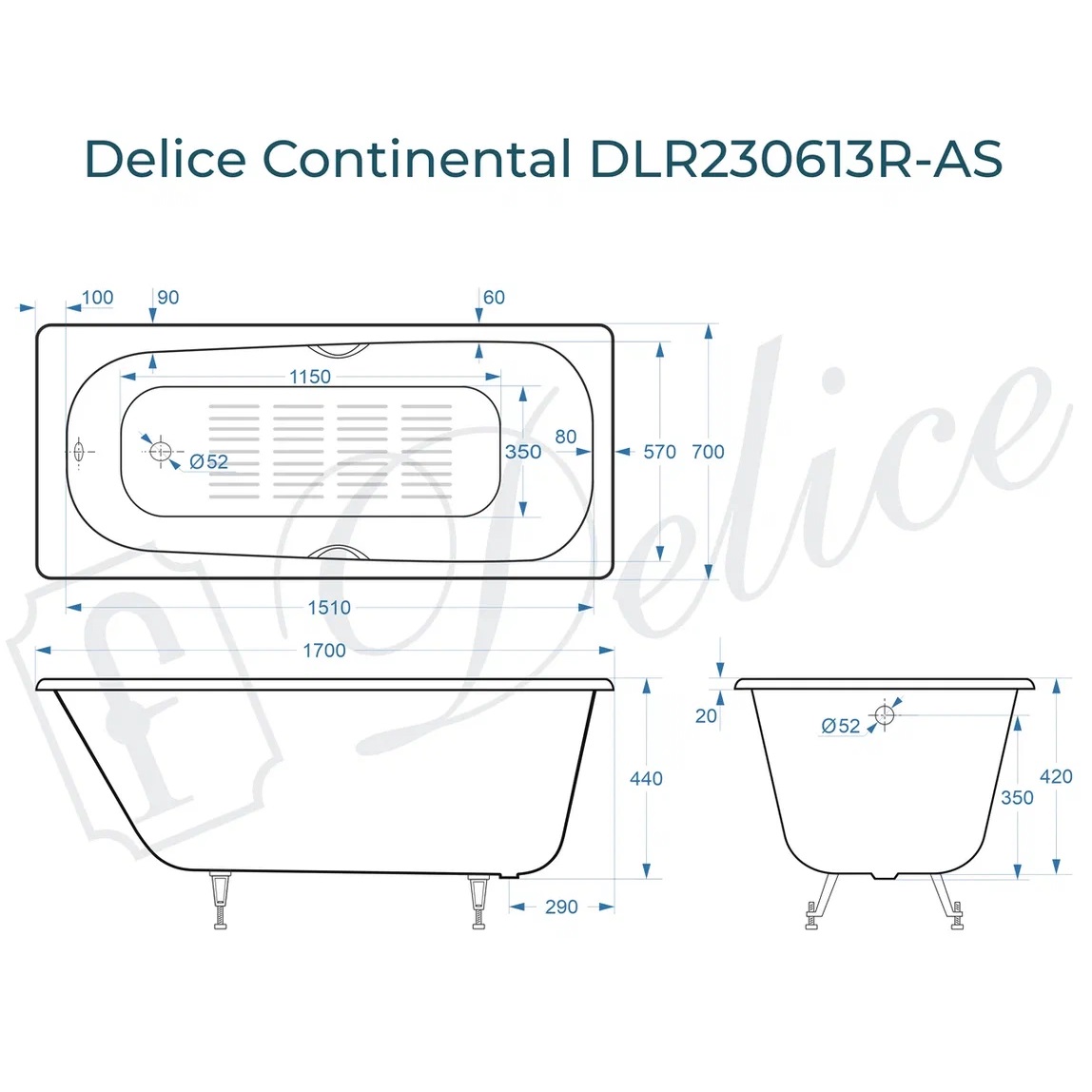 Ванна чугунная Delice Continental DLR230613R-AS 170х70 (белый), встраиваемая с антискользящим покрытием и отверстиями под ручки