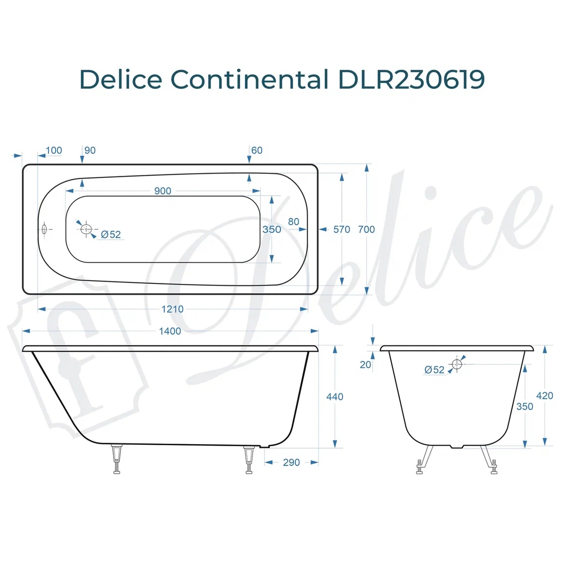 Ванна чугунная Delice Continental DLR230619 140х70 (белый), встраиваемая