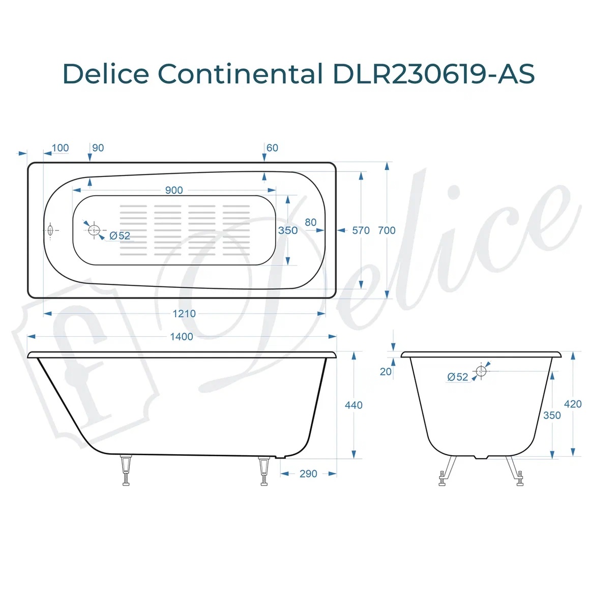 Ванна чугунная Delice Continental DLR230619-AS 140х70 (белый), встраиваемая с антискользящим покрытием