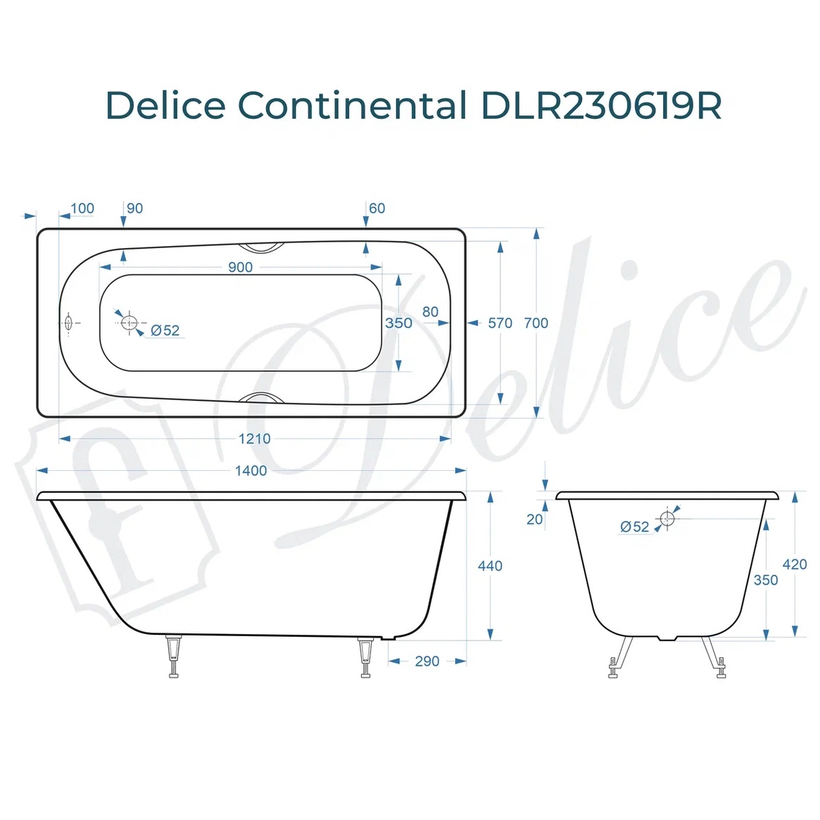 Ванна чугунная Delice Continental DLR230619R 140х70 (белый), встраиваемая с отверстиями под ручки