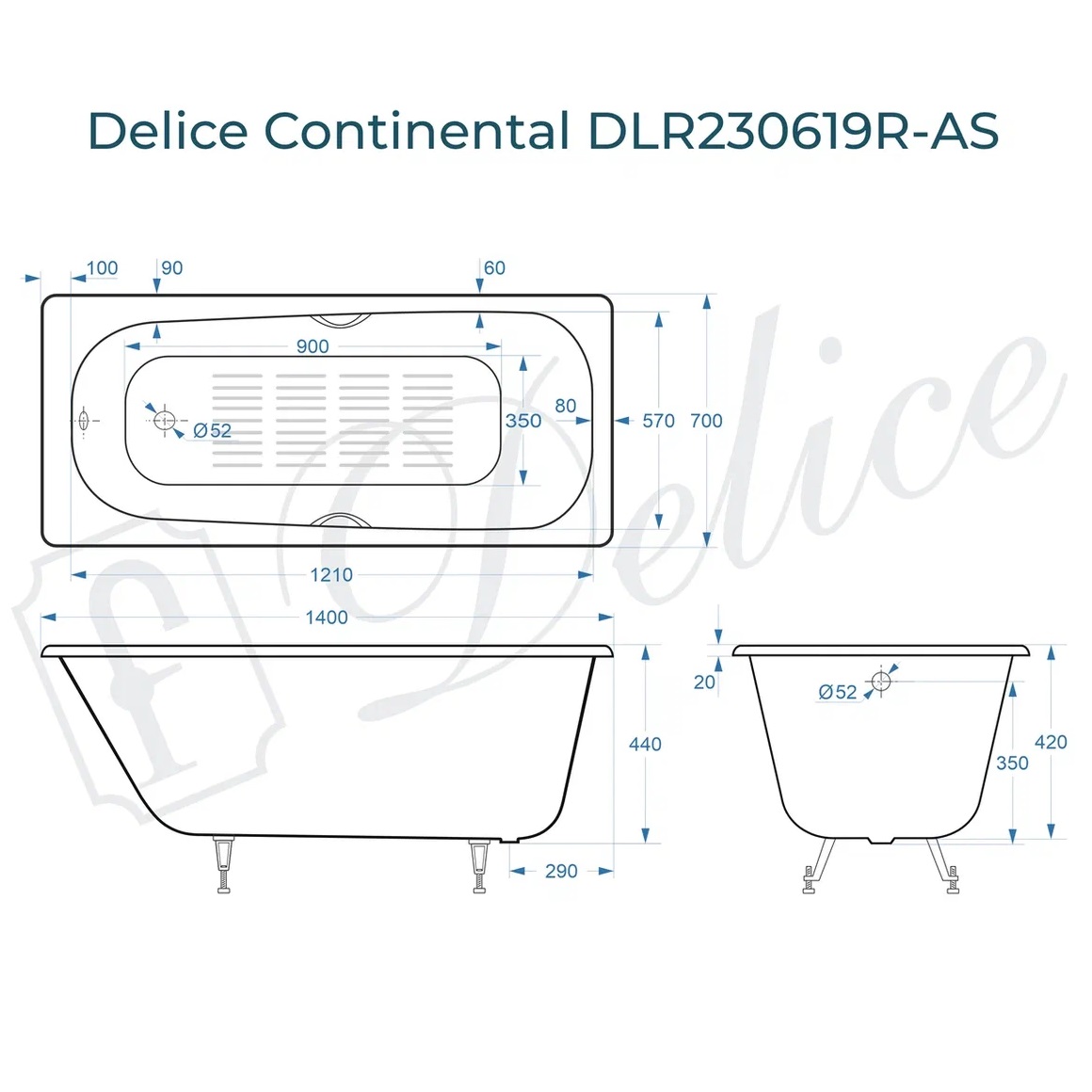 Ванна чугунная Delice Continental DLR230619R-AS 140х70 (белый), встраиваемая с антискользящим покрытием и отверстиями под ручки