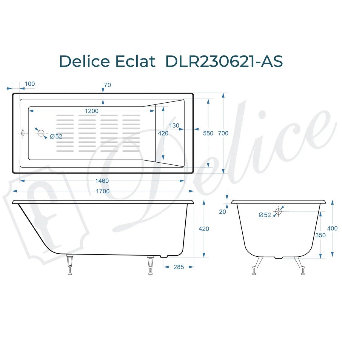 Ванна чугунная Delice Eclat DLR230621-AS 170х70 (белый), встраиваемая с антискользящим покрытием