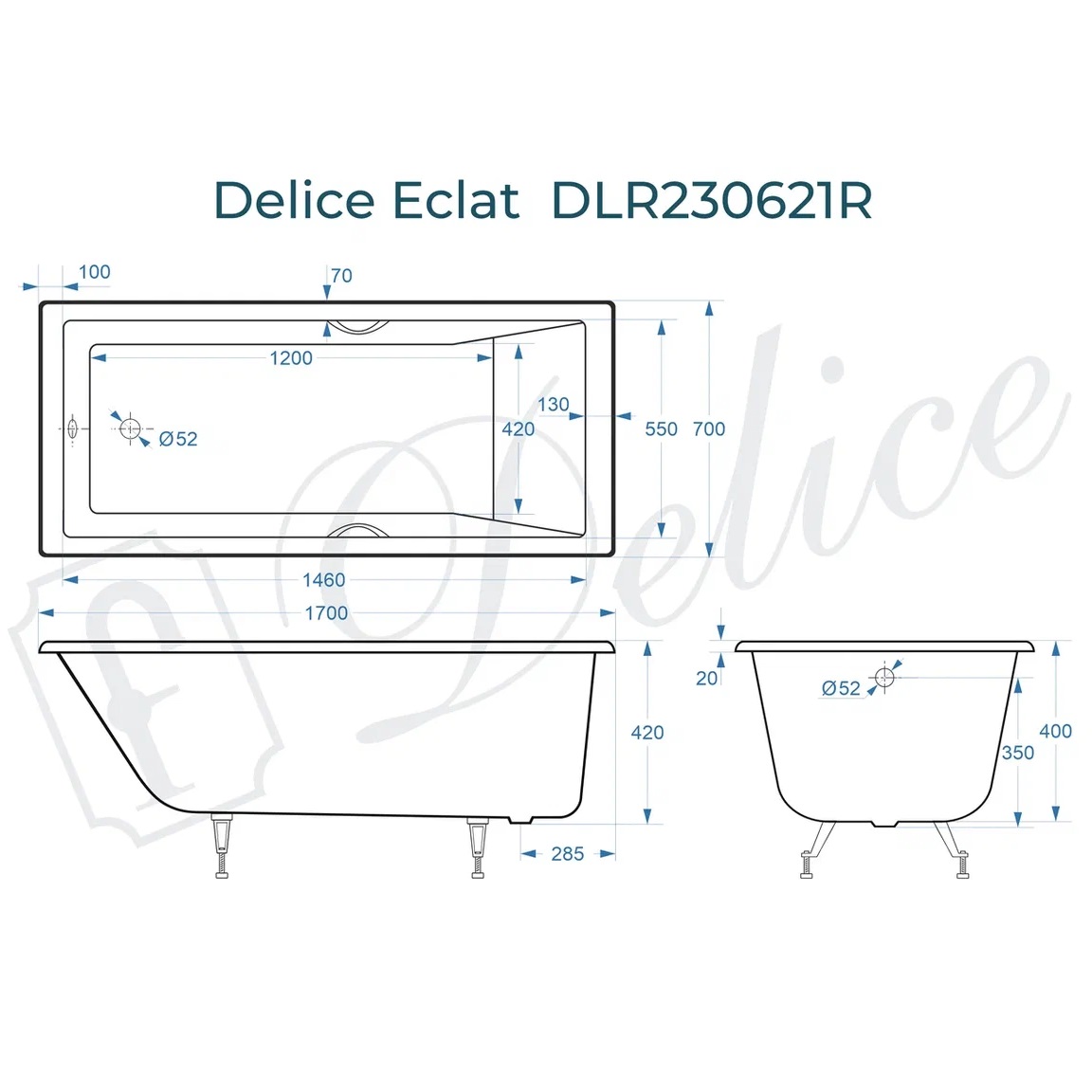 Ванна чугунная Delice Eclat DLR230621R 170х70 (белый), встраиваемая с отверстиями под ручки