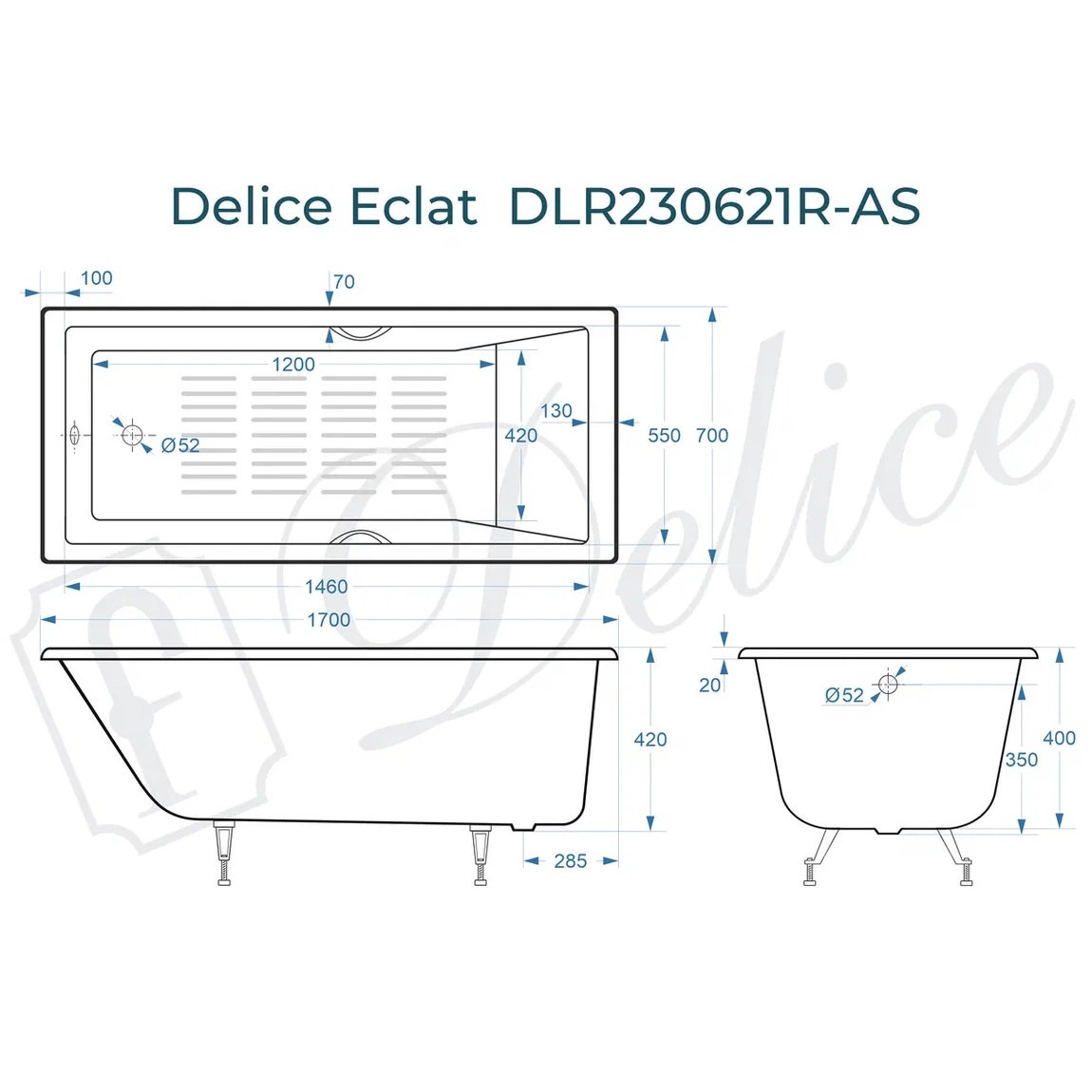 Ванна чугунная Delice Eclat DLR230621R-AS 170х70 (белый), встраиваемая с антискользящим покрытием и отверстиями под ручки