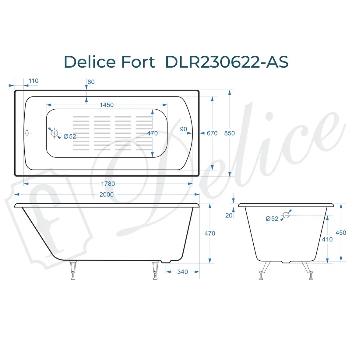 Ванна чугунная Delice Fort DLR230622-AS 200х85 (белый), встраиваемая с антискользящим покрытием