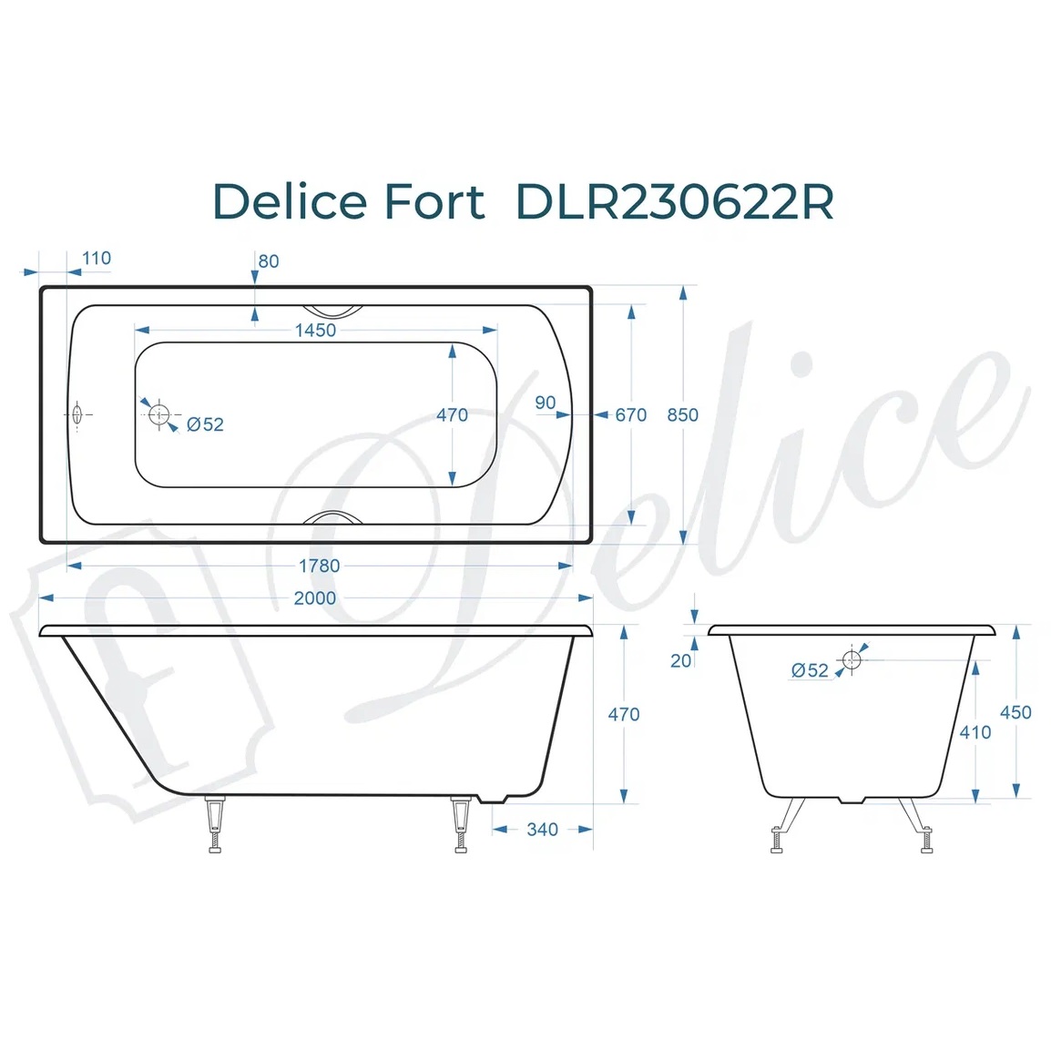 Ванна чугунная Delice Fort DLR230622R 200х85 (белый), встраиваемая с отверстиями под ручки