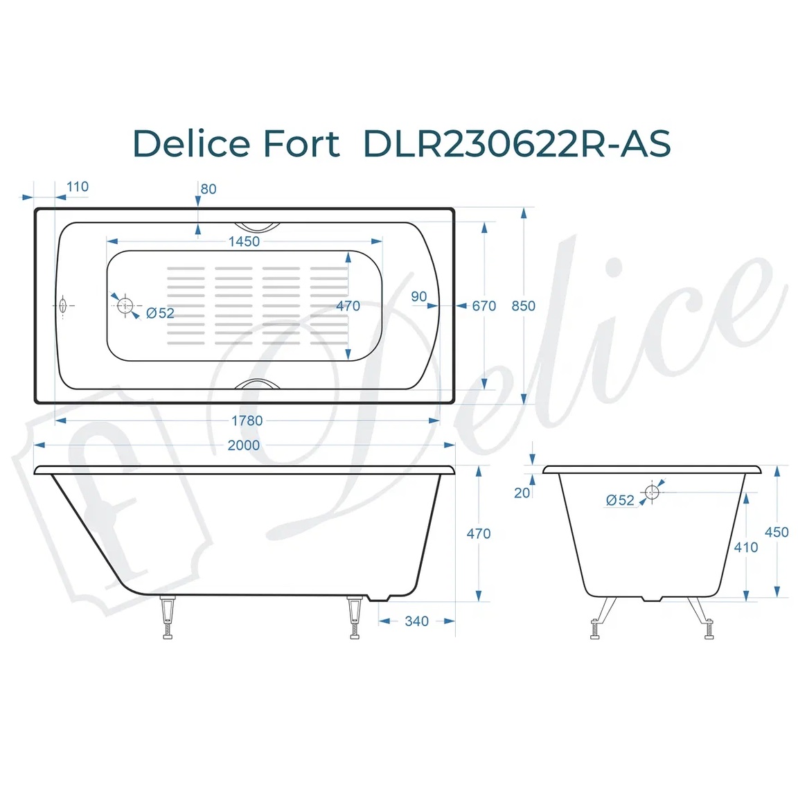 Ванна чугунная Delice Fort DLR230622R-AS 200х85 (белый), встраиваемая с антискользящим покрытием и отверстиями под ручки