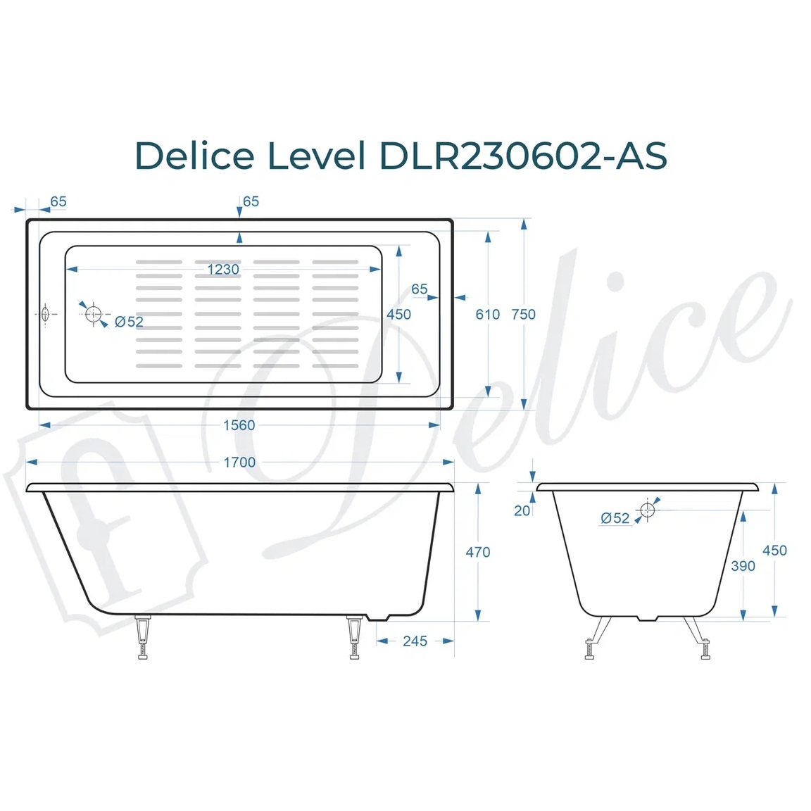 Ванна чугунная Delice Level DLR230602-AS 170х75 (белый), встраиваемая с антискользящим покрытием